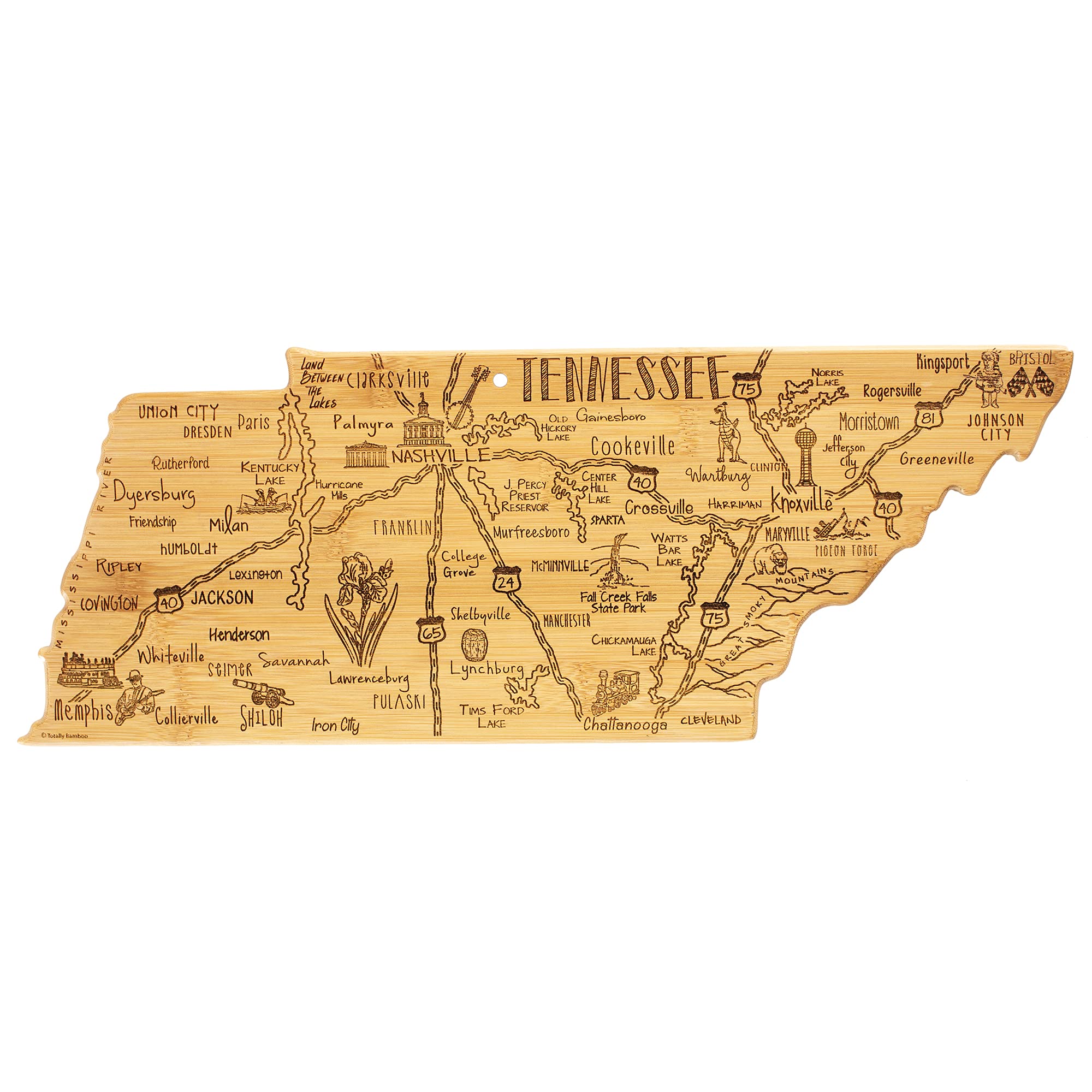 Totally Bamboo Destination Tennessee State Shaped Cutting Board, Charcuterie and Cheese Serving Board - Tennessee Gift for Home 