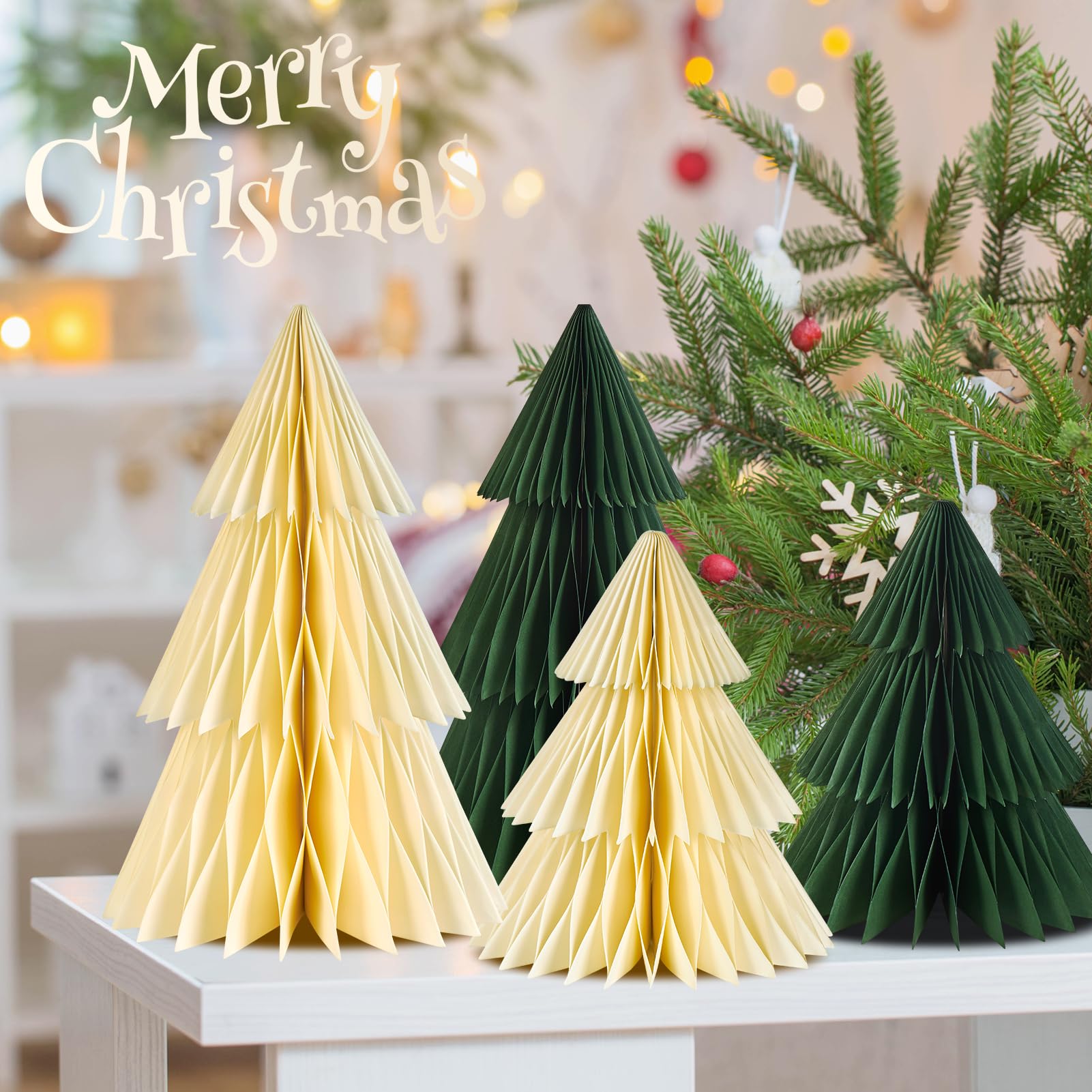 OBBOLO Paper Christmas Tree, 4 Pcs Paper Christmas Ornaments Party Decorations, 3D Honeycomb Xmas Trees, Holiday Home Decor, Chr