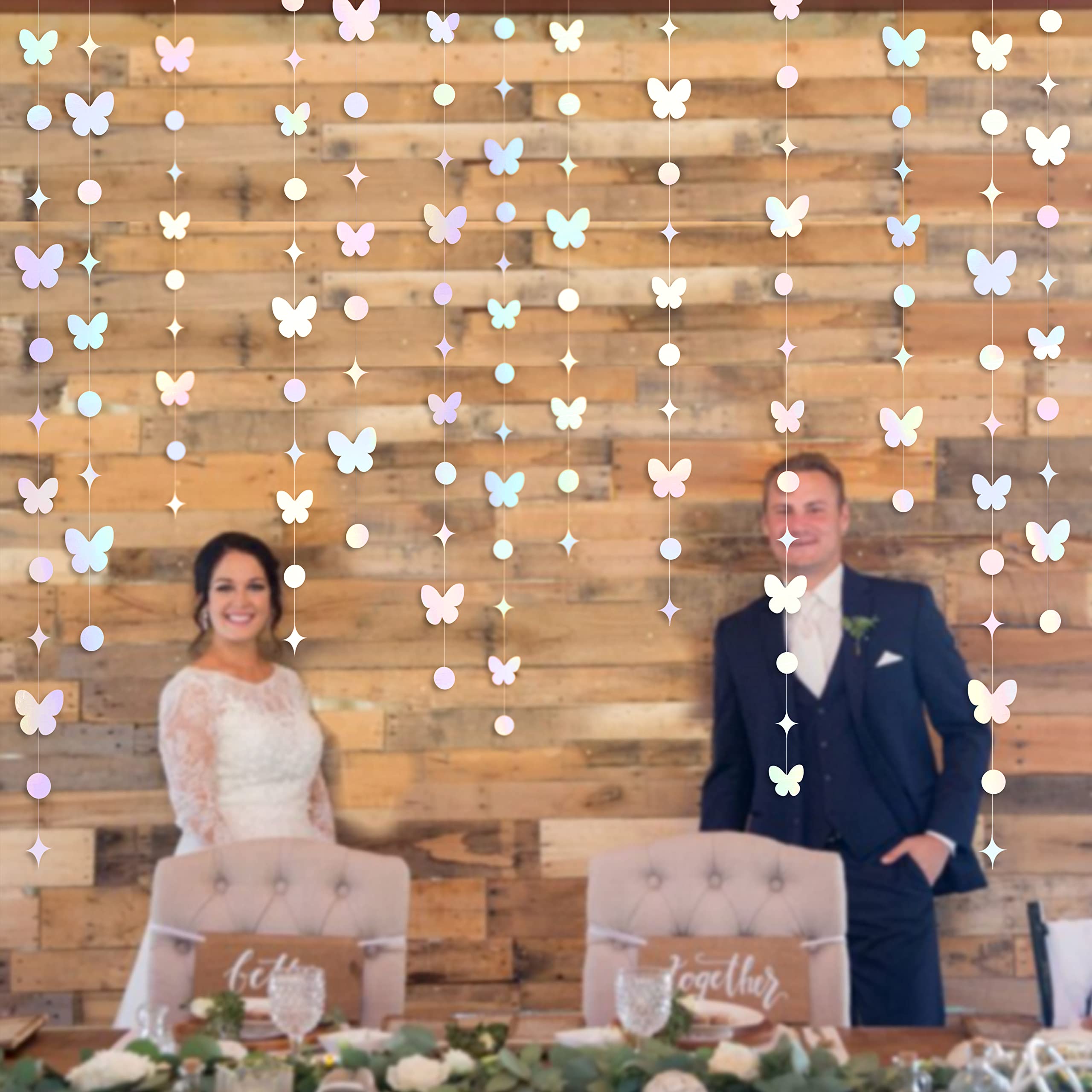40Ft White Iridescent Butterfly Garlands White Holographic Paper Hanging Polka Dots Star Butterflies Streamer Banner for Spring Engagement Wedding Birthday Bridal Shower Bachelorette Party Decorations