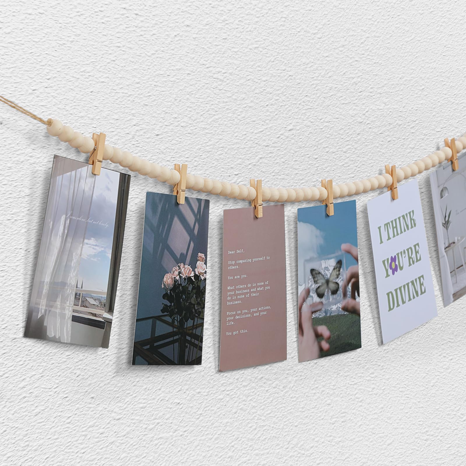 2Pcs Hanging Photo Display with Clips, Boho Wooden Bead Garland Collage Picture Frame Wall Decor, Photo String with 10 Clips for