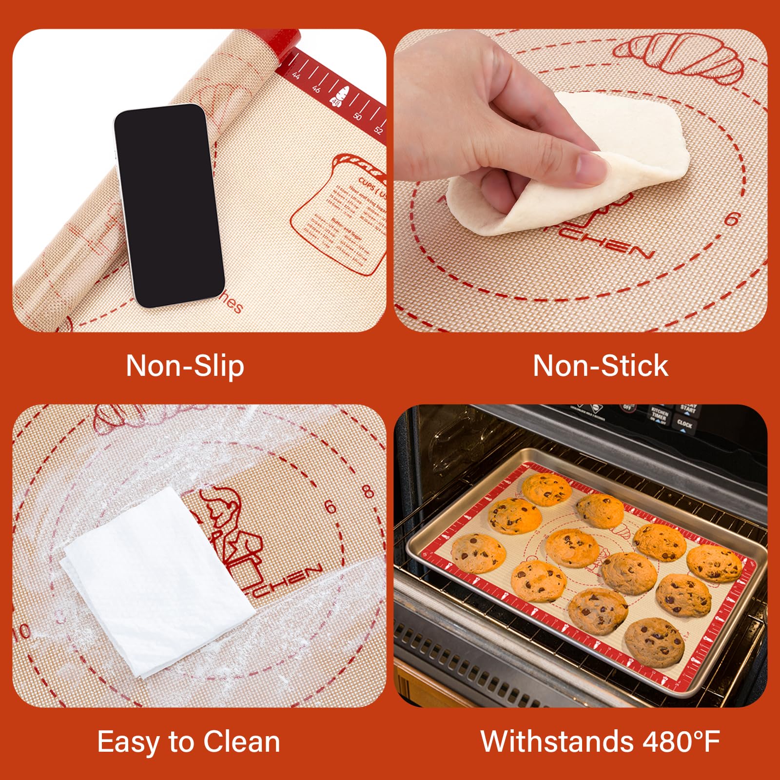 Extra Thick Silicone Baking Mat with Recipes - 26x16 inch Non Stick Pastry Mat with Measurements for Sourdough, Macarons, Bread,