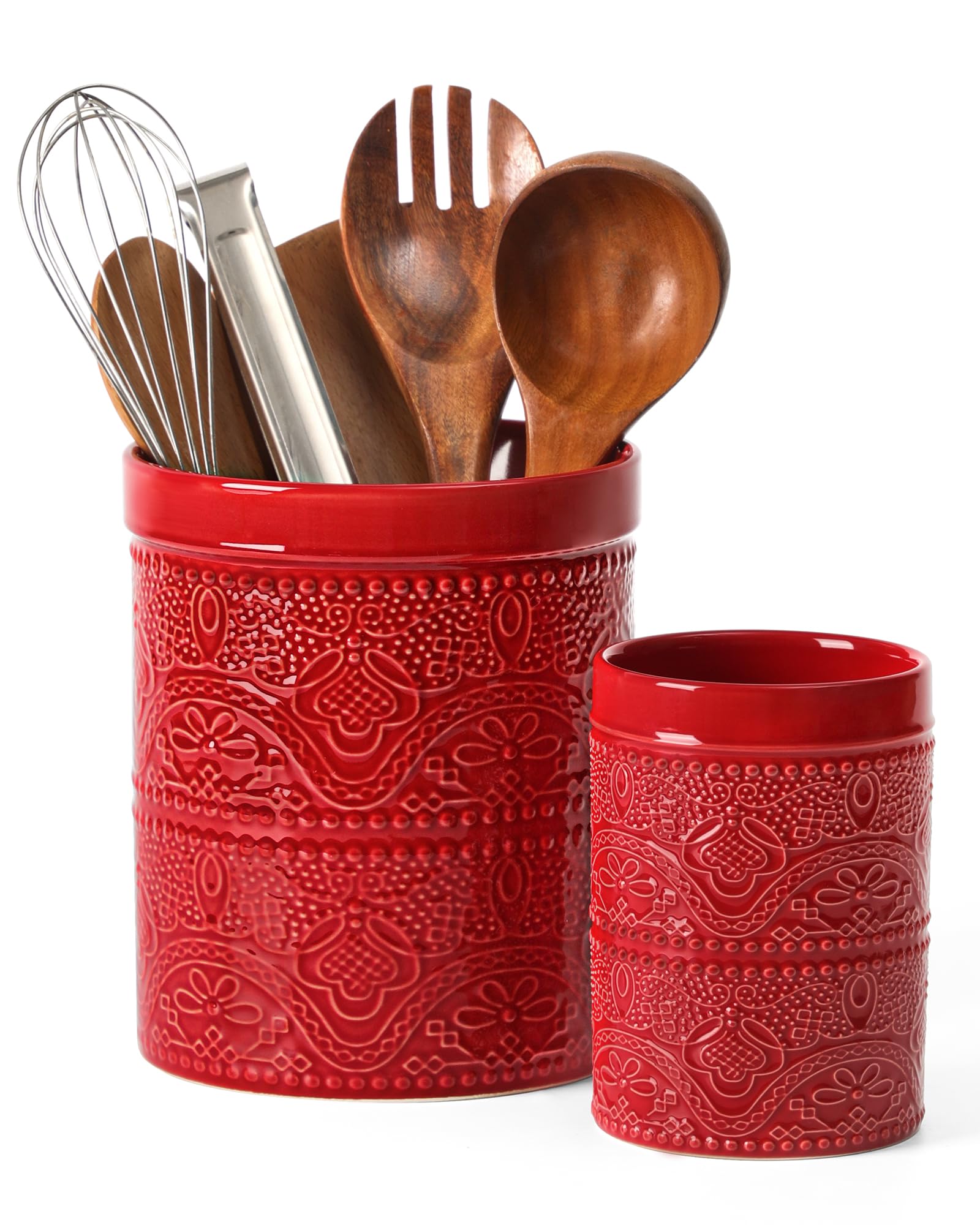 FUN ELEMENTS Kitchen Utensil Holder, 7.2+5.5 Super Large Utensil Crock Heavy and Stable Lace Emboss Ceramic Utensil Holder for K