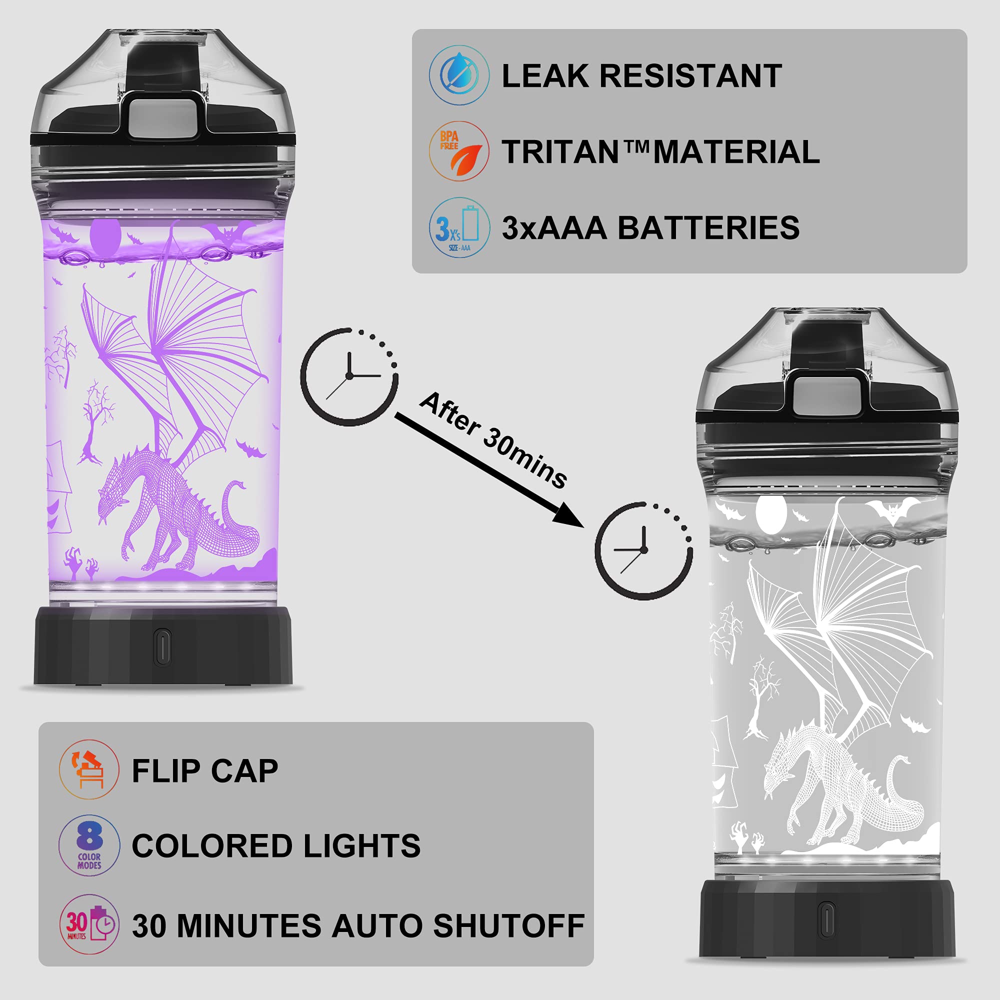 Ammonite Dragon 14 Oz Water Bottle With 3D Glowing Led Light - Bpa Free Tritan - Travel Cup Gift For Back To School Boy Child Ho