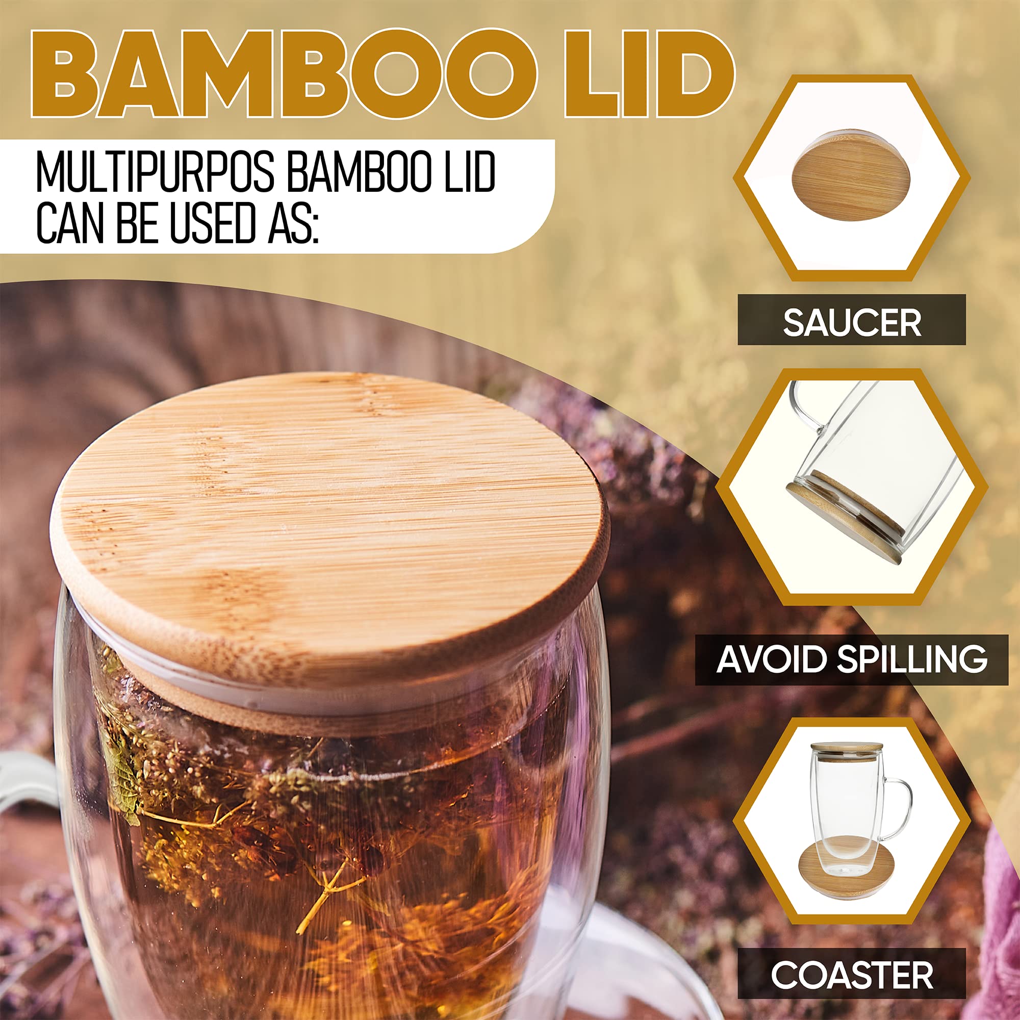 Double Walled Glass Coffee Mugs By Chef''s Unique Insulated Coffee Mugs With Handle And Bamboo Lid  Clear Glass Cups For Coffee Tea Latte Cappuccino Espresso 16 OZ (Set of 2)