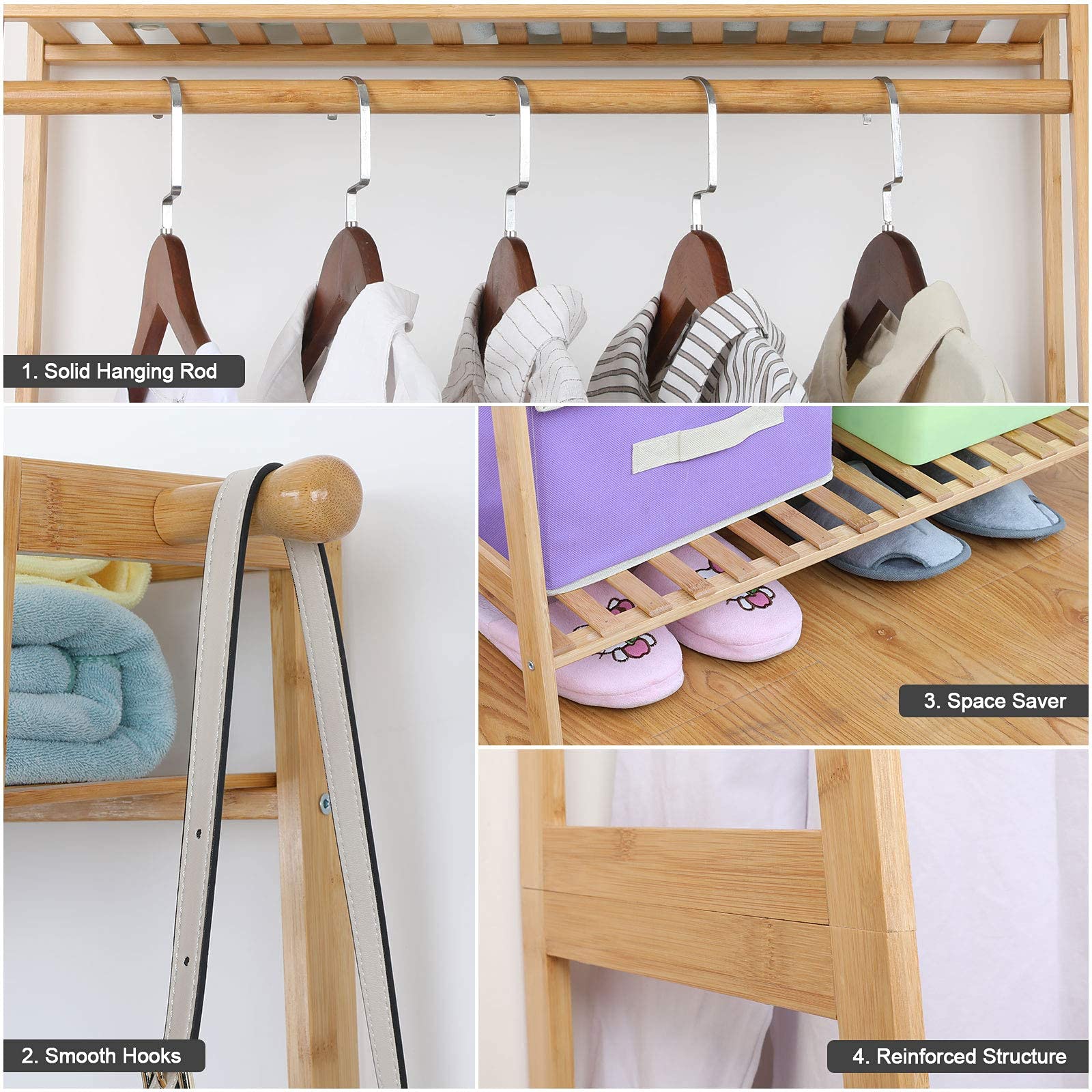 Ufine Bamboo Clothes Hanging Rack With 2 Tier Storage Shelves And 2 Coat Hooks Portable Laundry Rack Cloest Organizer Garment Ra