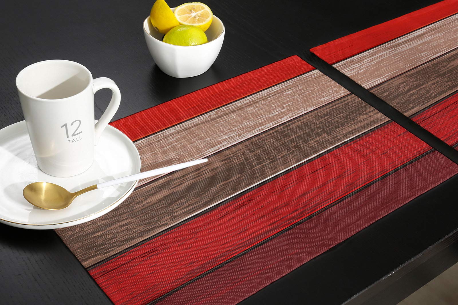 Vandarllin Christmas Red Brown Placemats Set Of 6, Retro Rustic Barn Wood Texture Polyester Stain Resistant Table Mats Washable