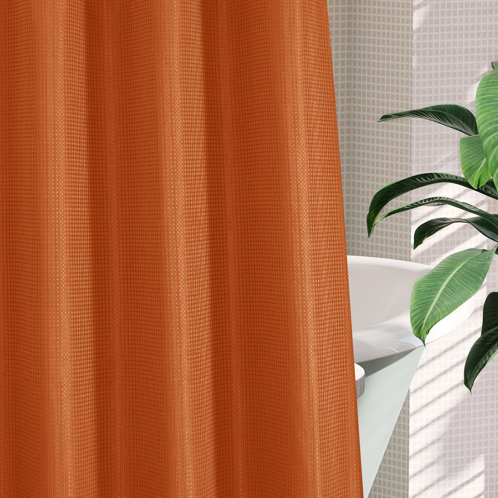Mitovilla Orange Waffle Small Stall Shower Curtain 36 X 74, No Hooks Required Half Size Narrow Fabric Cloth Shower Curtain Set W