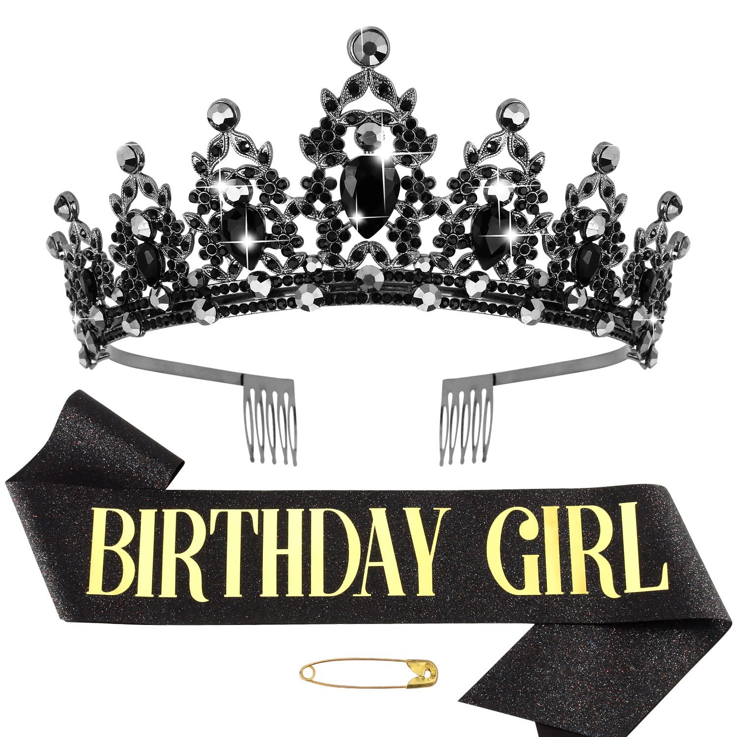 Didder Black Birthday Girl Sash & Crystal Crown Set, Birthday Crown Birthday Tiara For Women Birthday Crowns For Women Girls Bir