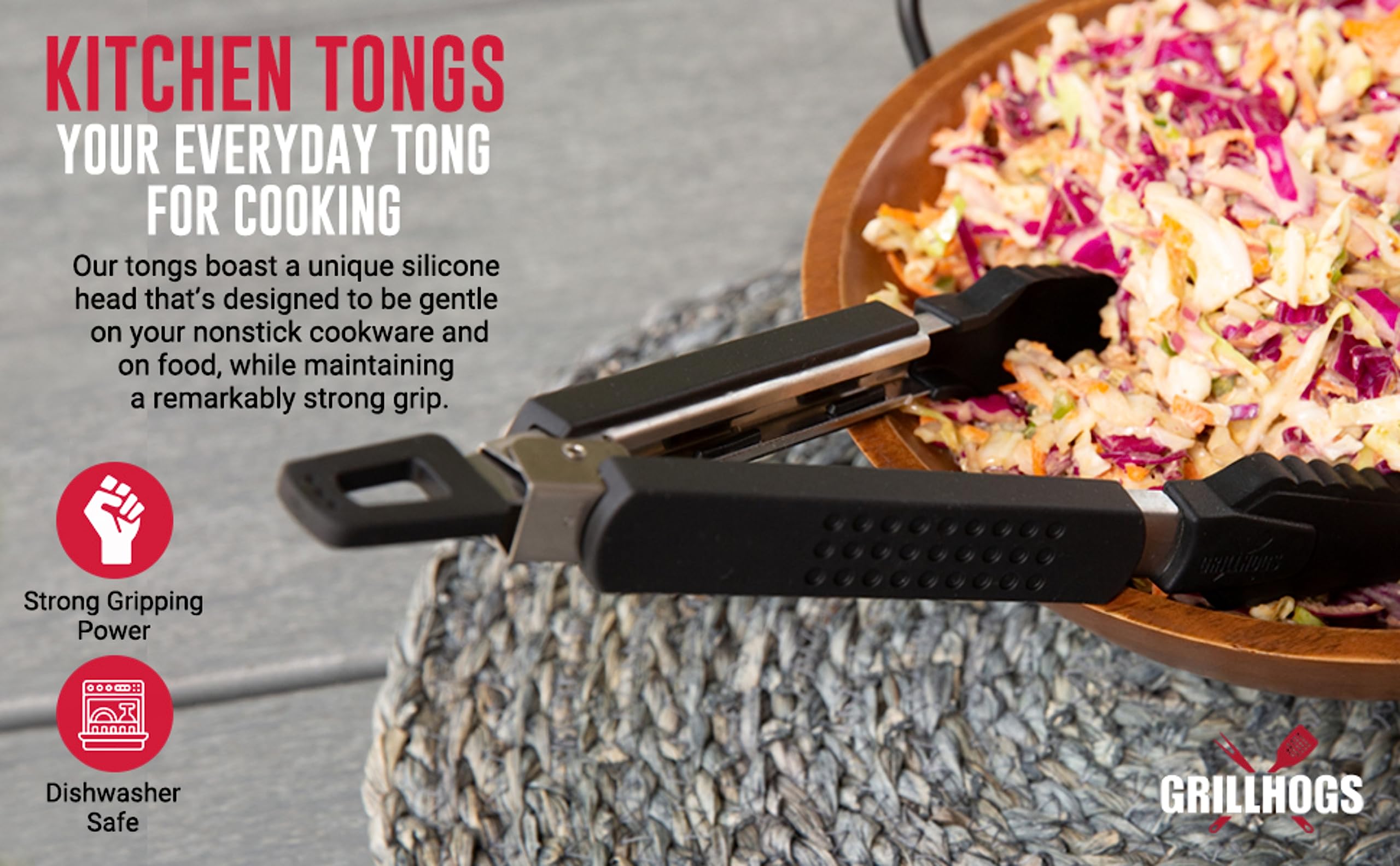 Grillhogs 9-Inch Kitchen Tongs Your Everyday Tong For Cooking, Dishwasher Safe, Stainless Steel + Soft Touch Rubber Handle, Non-