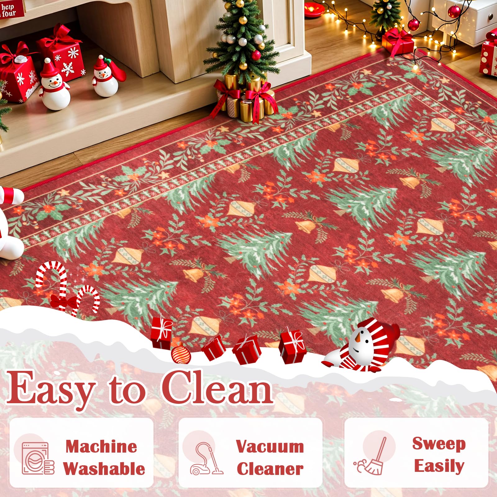 Yuemasi 3x5 Christmas Rug, Washable Red Christmas Rugs for Living Room Non Slip, Xmas Tree Pattern Print Throw Carpet for Bedroo