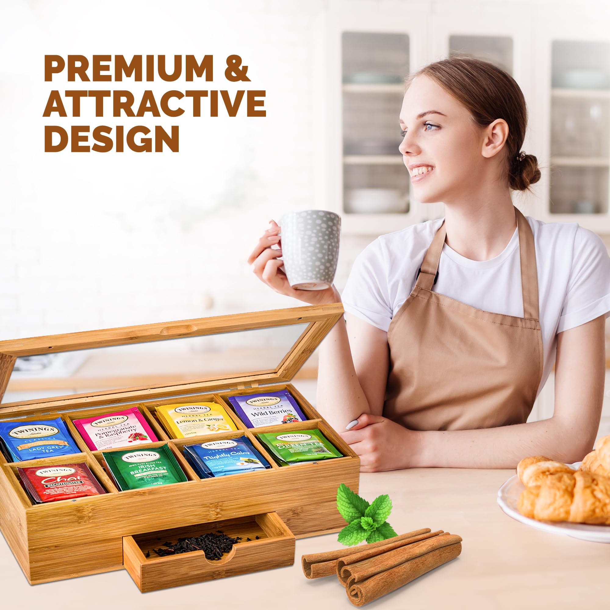 Bambüsi Bamboo Tea Bag Organizer Storage Box with Drawer - 3.9x12.9x7.9 inches - Magnetic Lid - Ideal Gift for Mom