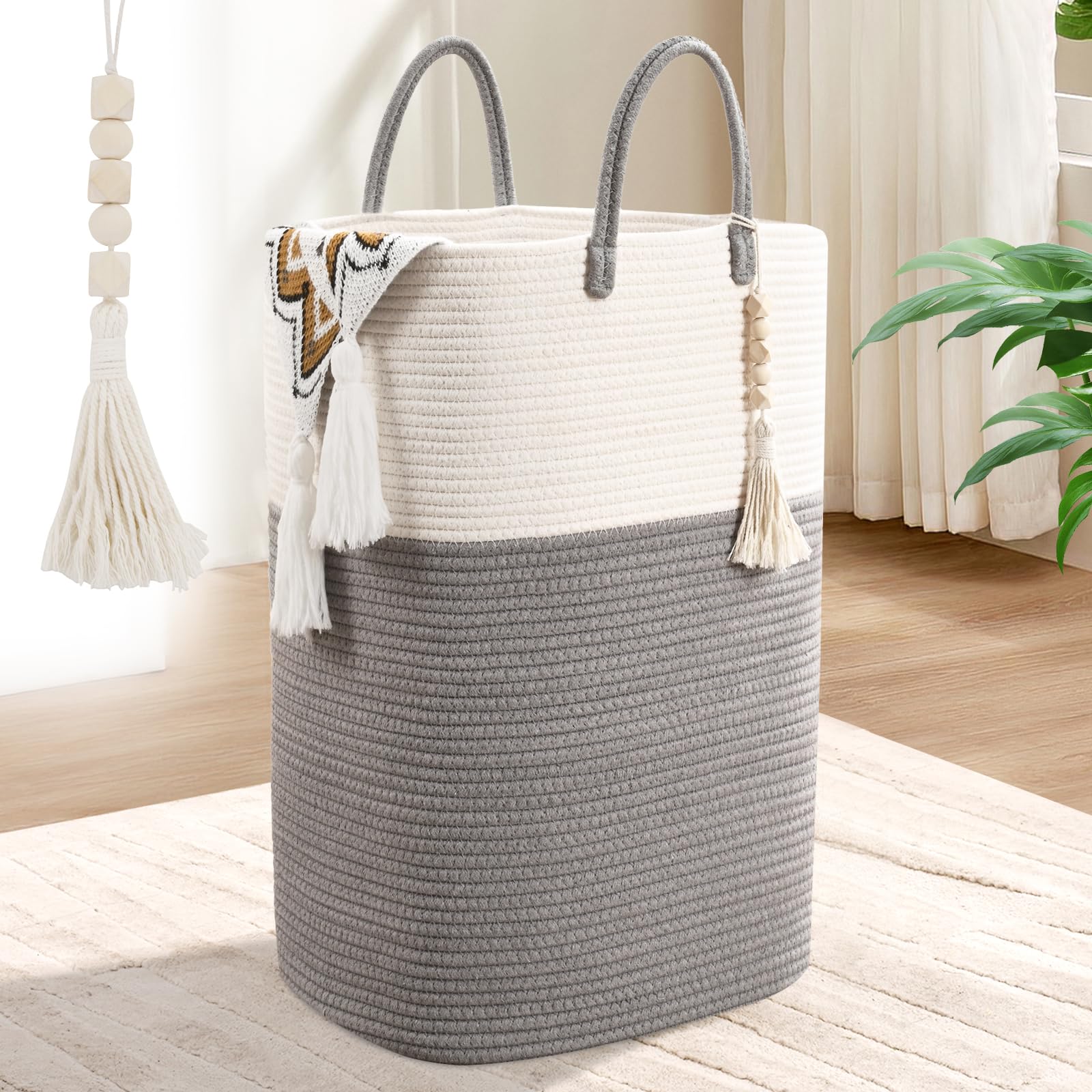 Woven Laundry Basket For Clothes, 100L Large Rectangle Laundry Hampers With Beads Tassel, Nursery Storage Basket For Toys, Tall