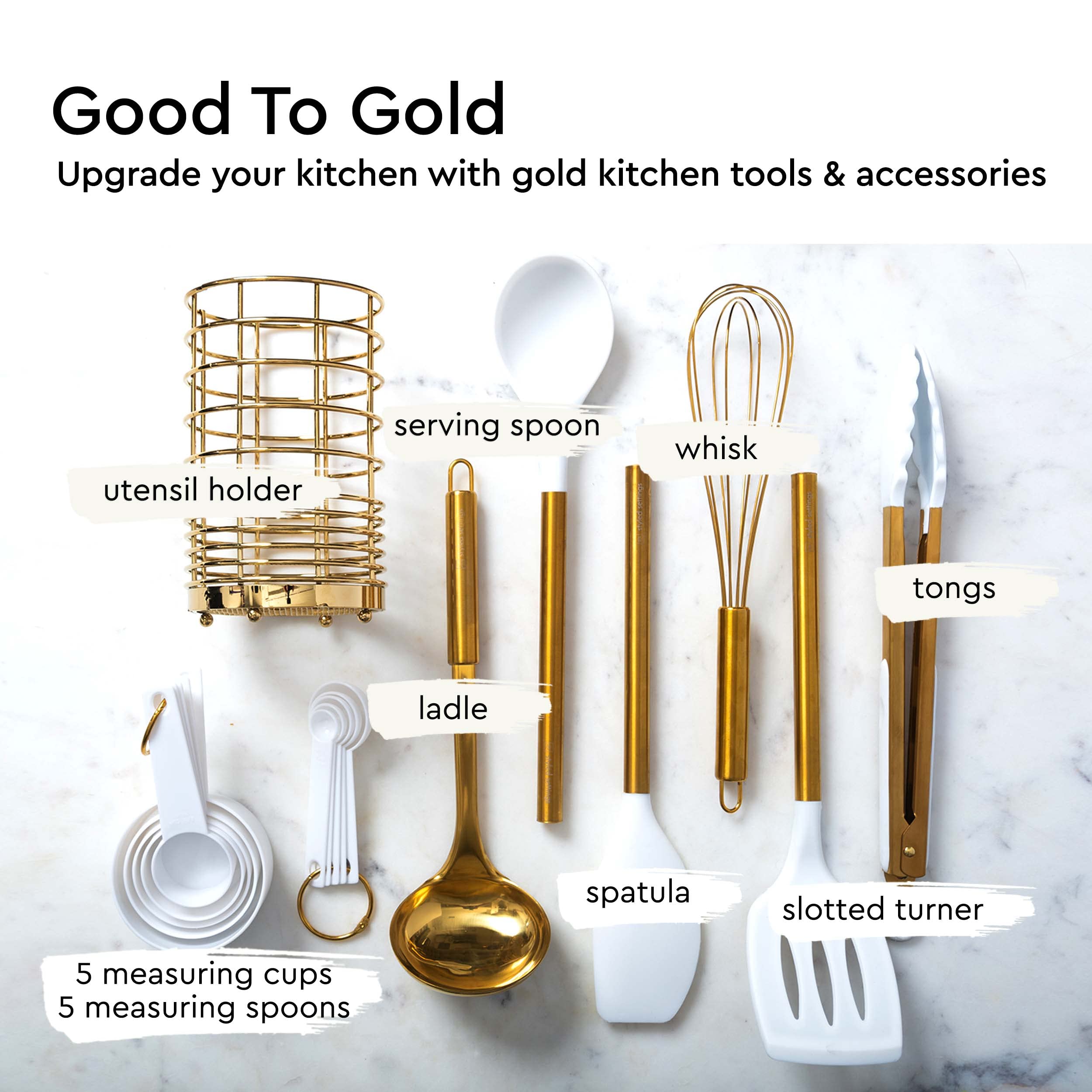 White Silicone and Gold Cooking Utensils Set with Gold Utensil Holder: 17PC Set Includes White & Gold Measuring Cups and Spoons Set White Utensils Set Gold Spatula Gold Whisk -Gold Kitchen Accessories
