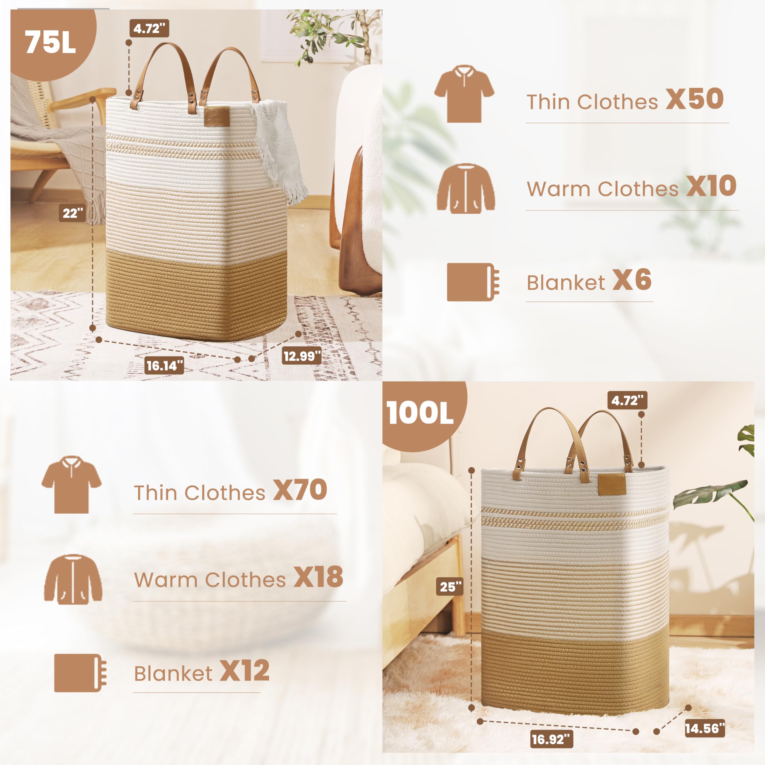 Danpinera Large Laundry Hamper - 75L Tall Woven Cotton Storage Basket With Leather Handles, Slim Dirty Clothes Hamper, Decorativ