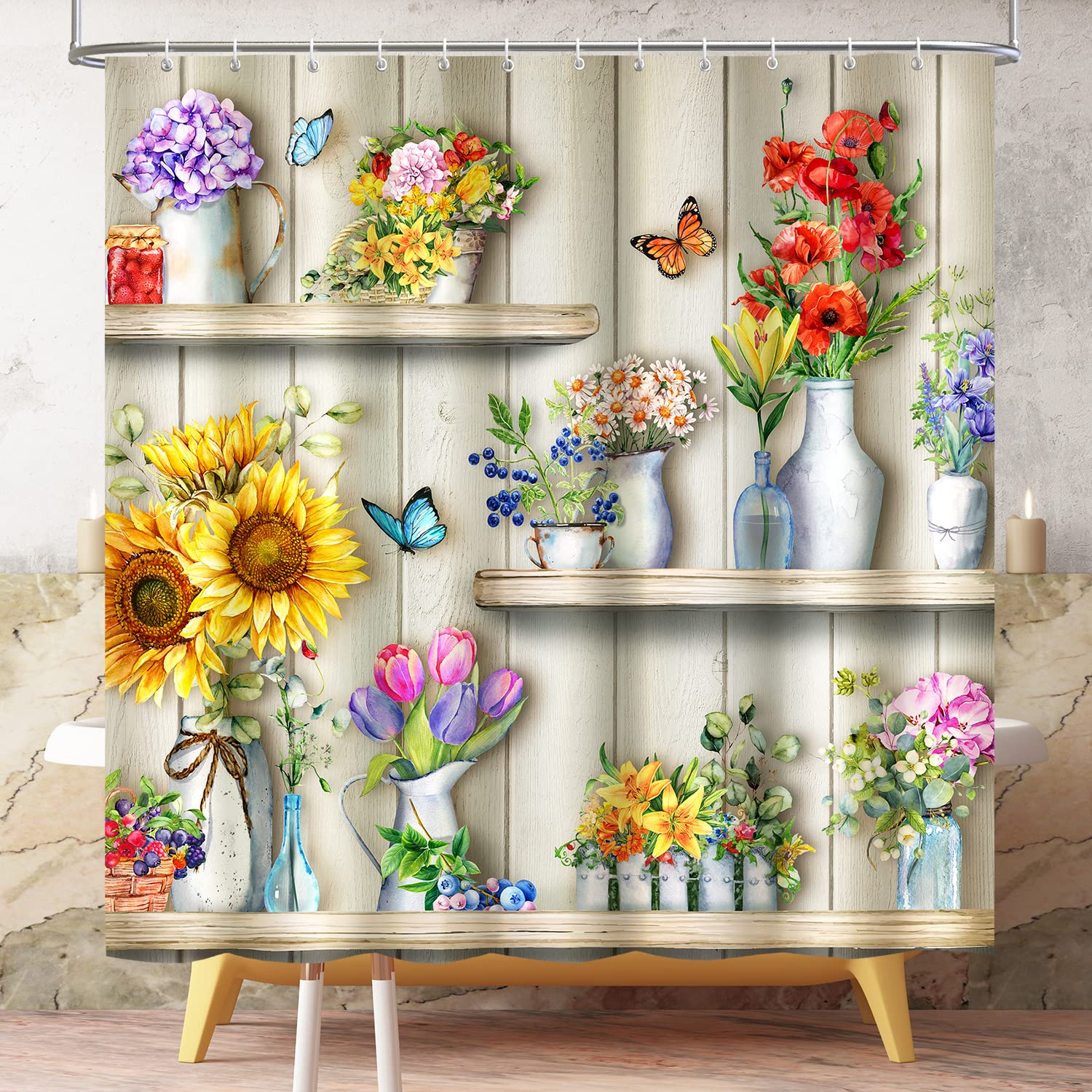 Flower Shelves Shower Curtain Boho Farmhouse Shower Curtain Rustic Country Floral Shower Curtains For Bathroom Waterproof Fabric