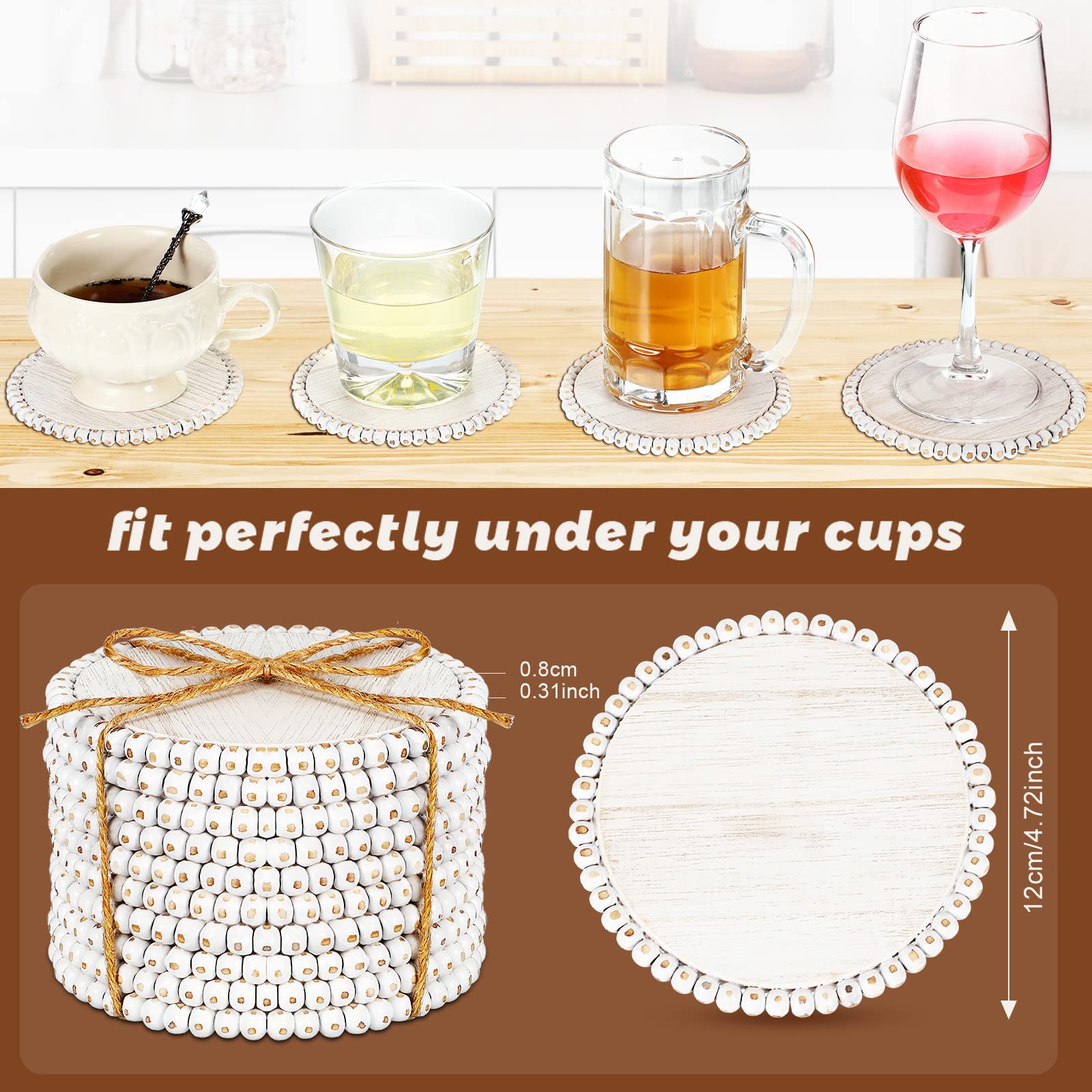 10 Pieces Beaded Wood Coasters Bulk Farmhouse Coasters for Drinks Coffee Table 4.7 Inch Round Farmhouse Beaded Rustic Coasters Decorative White Coasters Bar Coasters for Home Kitchen Decor