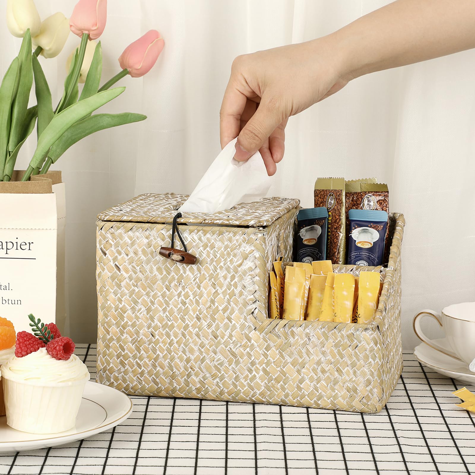 Sumnacon Tissue Box Cover-Square Woven Tissue Box Organizer For Desk Rustic Seagrass Tissue Box Holder With Side Organizer Decor