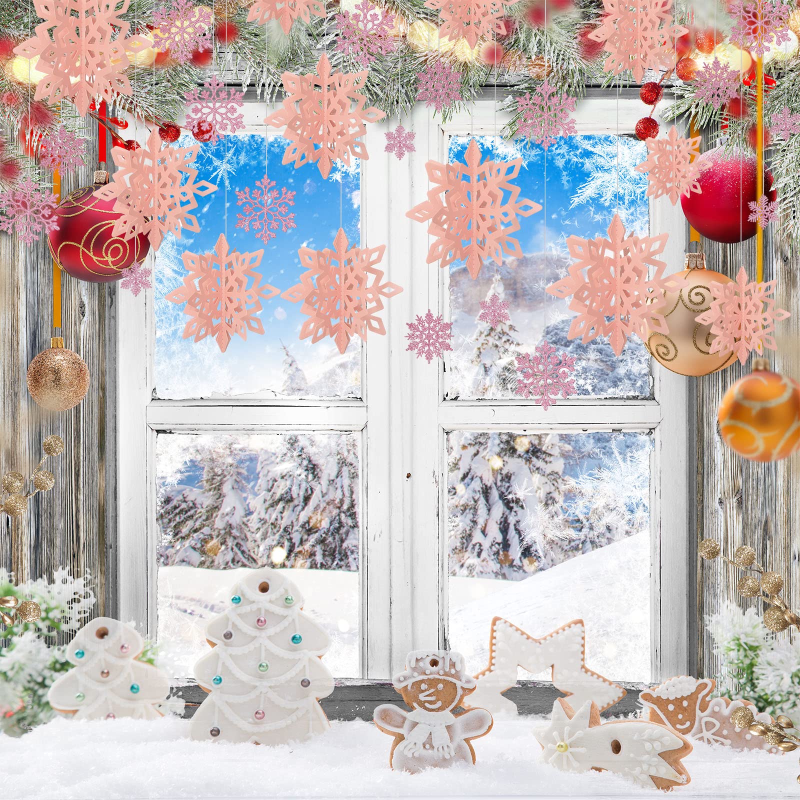 Outus 42 Pcs Winter Christmas Party Decorations 3D Snowflake Hanging Decoration Set 3D Hanging Snowflake Decor Pendant for Chris