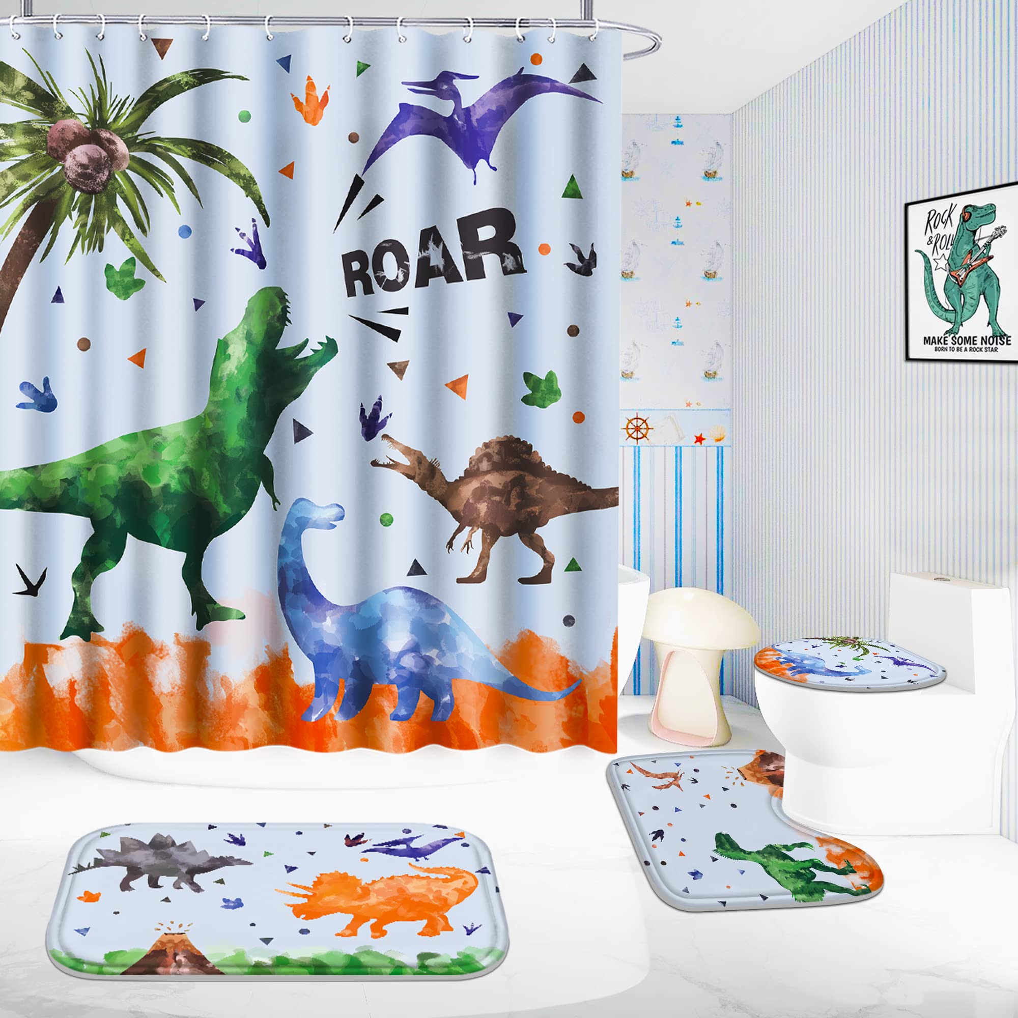 Poedist Shower Curtain Set with Rugs Kid's Bathroom Accessory Set  Including Non-Slip Rugs Toilet Lid Cover and Bath Mat  Waterproof Shower Curtain with 12 Hooks Dinosaur Footprints