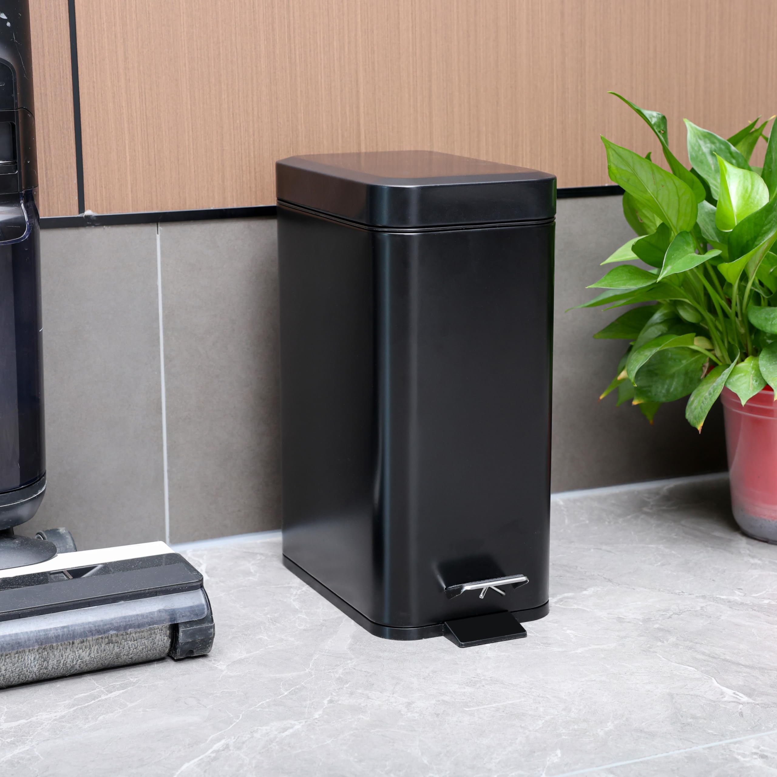 Cq Acrylic Rectangular Small Steel Step Trash Can Wastebasket,Black Stainless Steel Bathroom Slim Profile Trash Can,5 Liter/1.3