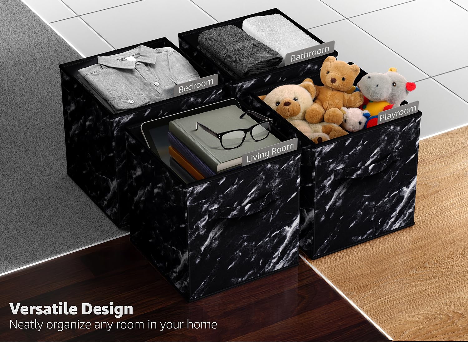 Sorbus Collapsible Storage Bins - 11'' Sturdy Foldable Fabric Storage Cubes With Handle - 4 Black Marble Organization And Storag