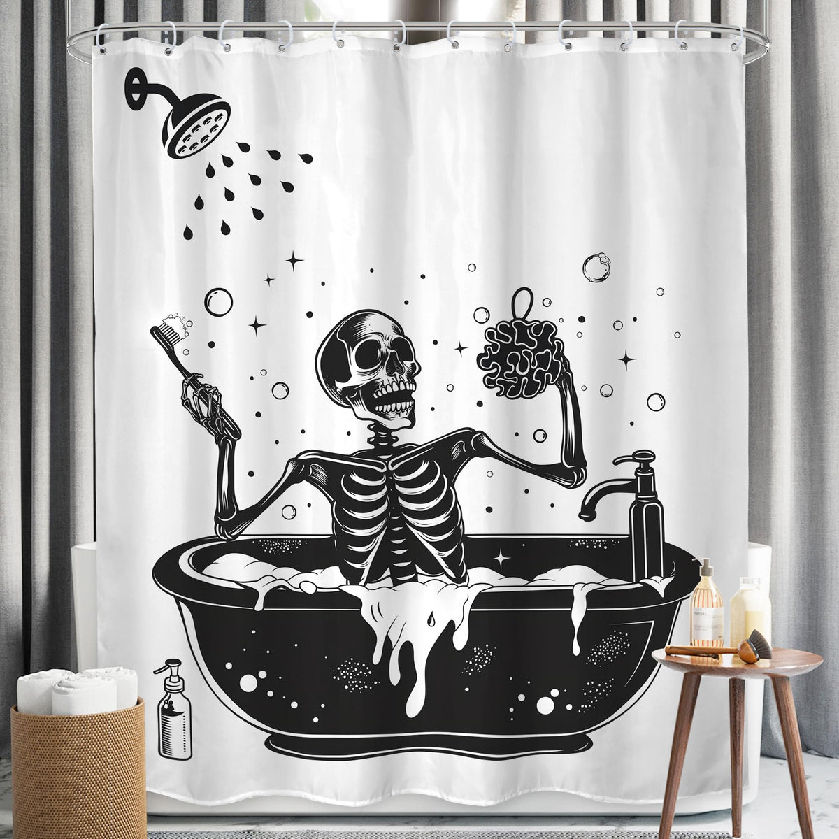 Lghtyro Funny Skull Shower Curtain Bathroom Set 60Wx71H Inches Black White Gothic Skeleton Bone Bathing In Bathtub Bubbles Spook