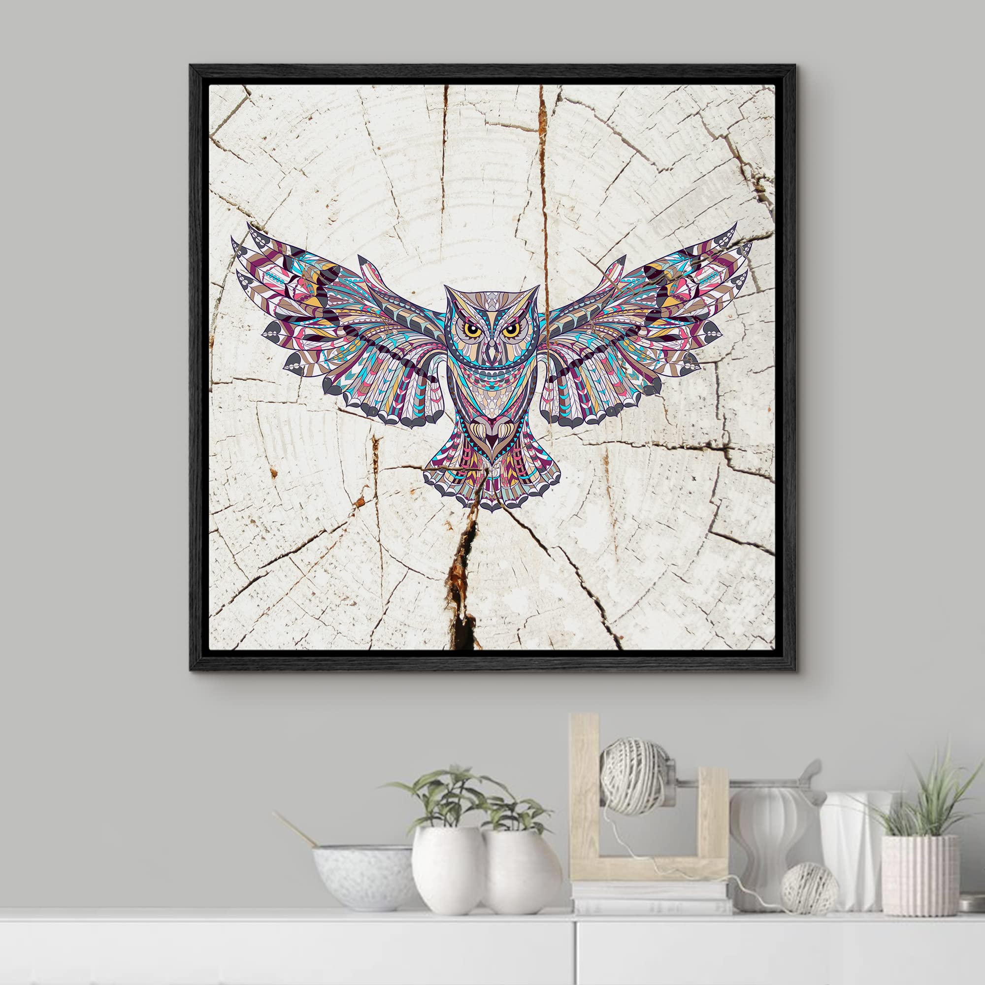 Wall26 Framed Canvas Print Wall Art Wood Ring Effect Tribal Pattern Owl Animals Wildlife Wood Modern Art Farmhouse/Country Expre