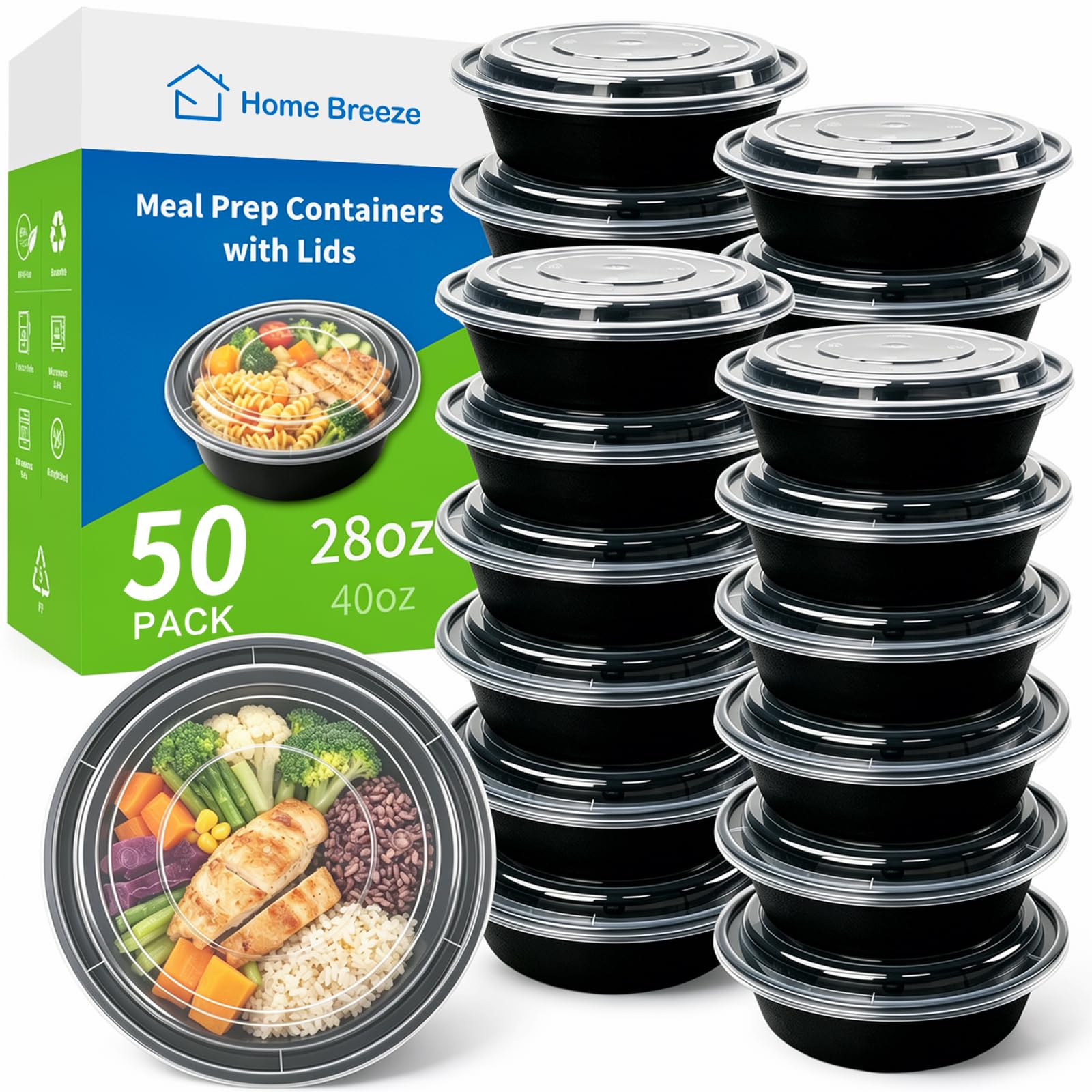 50 Pack (100Piece) 28 oz Meal Prep Bowl Containers Reusable with Lids, Sturdy Leakproof Food Safe, Microwave, Freezer, Dishwash