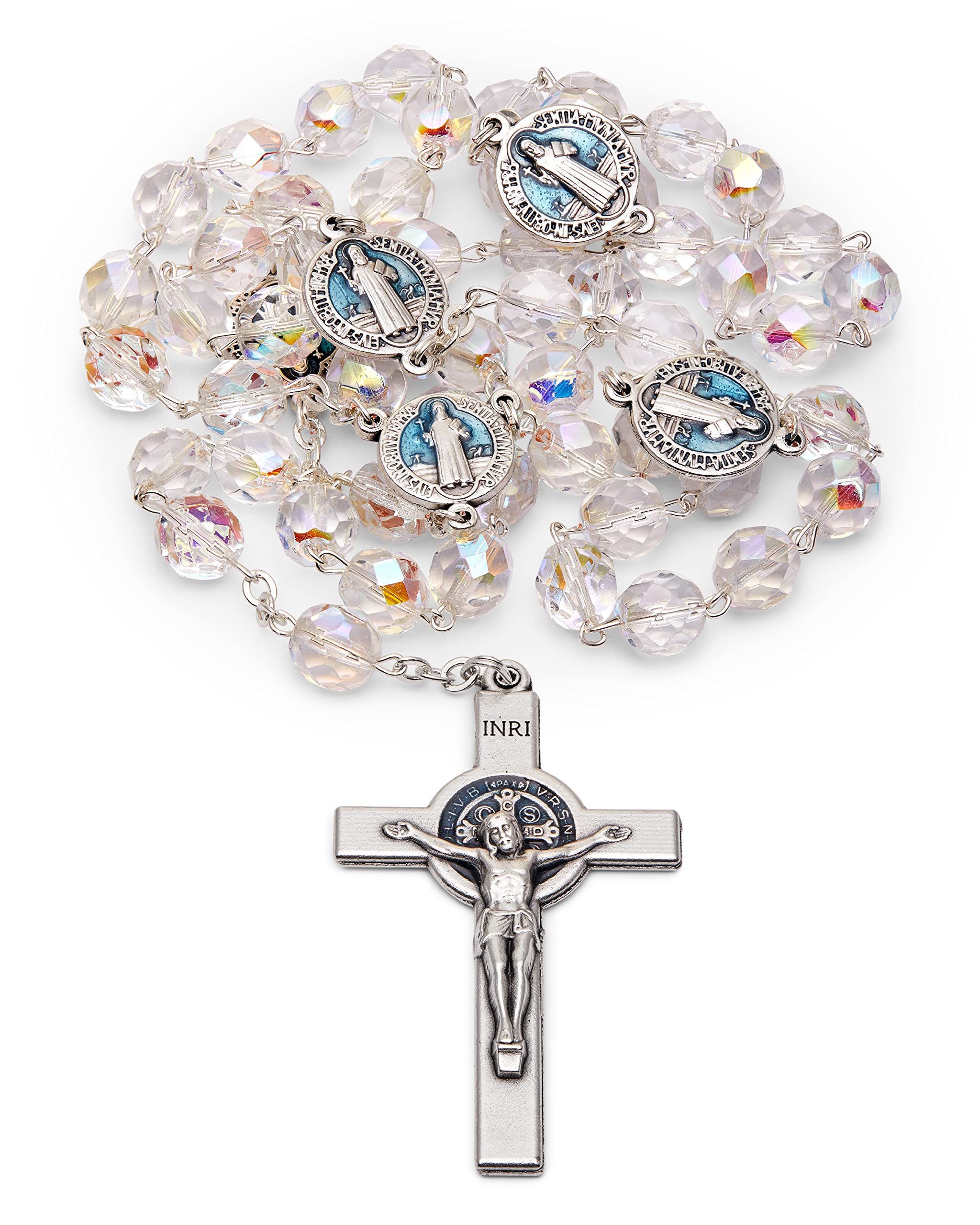 Mondo Cattolico Rosary Beads catholic for Women and Men Blessed During Popes Angelus, Saint Benedict Faceted Crystal Five Decad