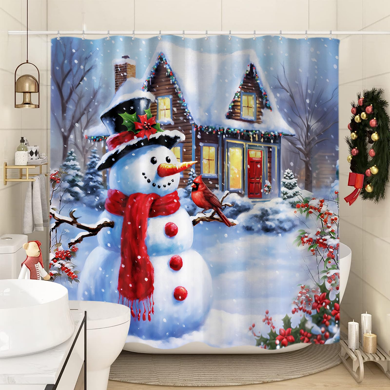 Sanzugh Christmas Snowman Shower Curtain, Winter Cardinal Snow Farmhouse Fabric Shower Curtains Set For Bathroom Decoration With