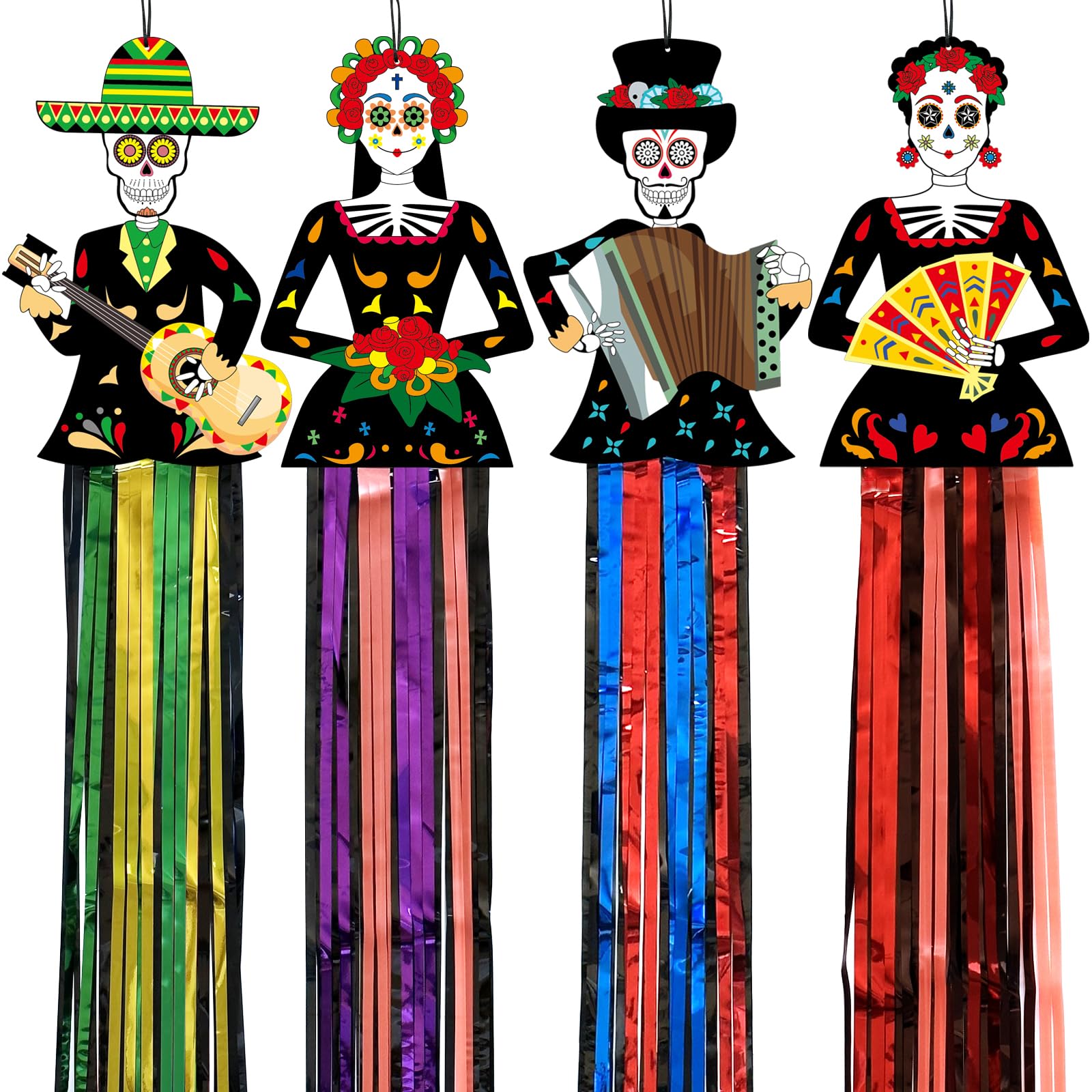 3.6FT Dia De Los Muertos Sugar Skull Hanging Decor, 4PCS Mexican Party Porch Hanging with Metallic Foil Fringe for Mexican Fiest
