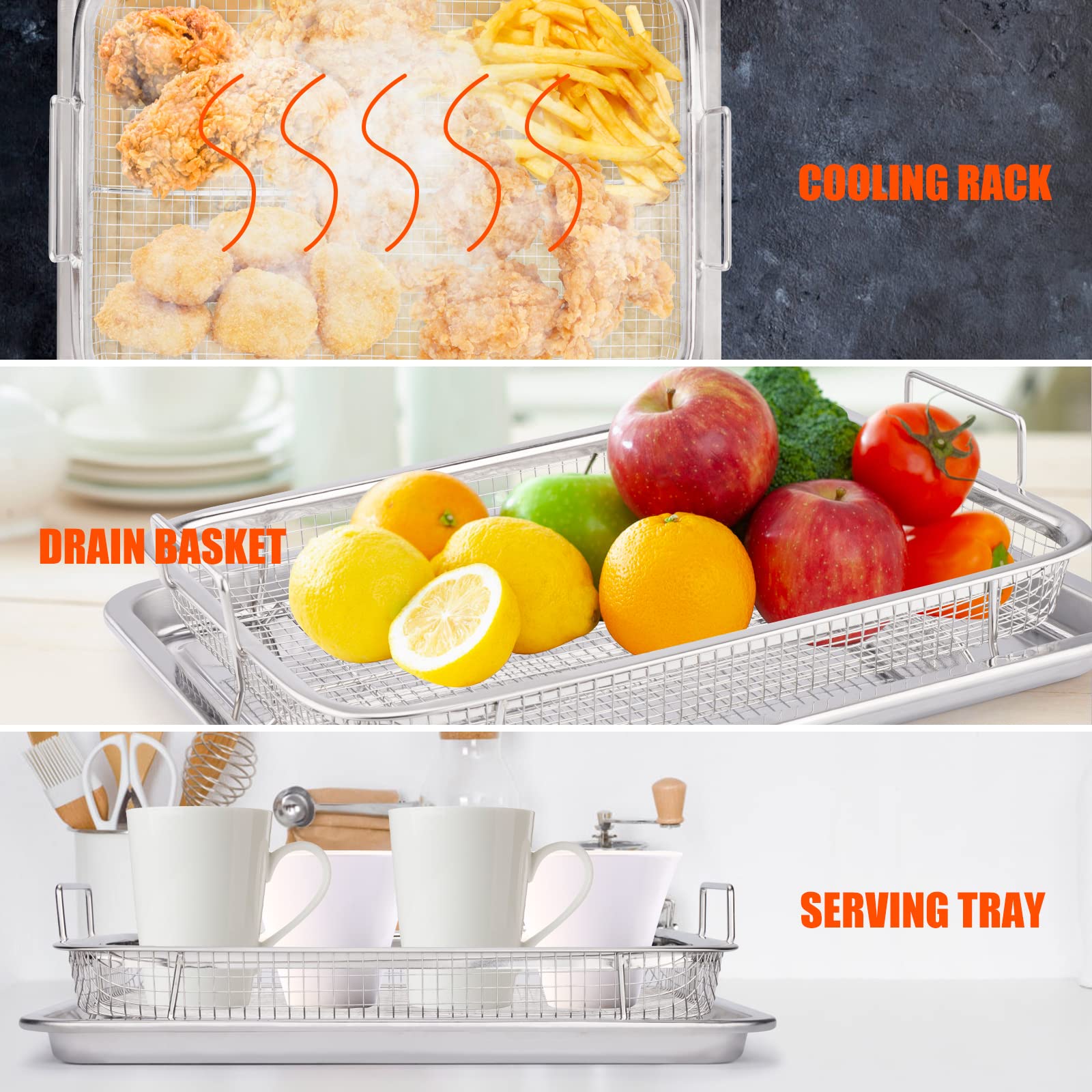 2 Pack Air Fryer Basket For Oven, 12.8''X9.6''Large Air Fryer Basket And Tray Stainless Steel Oven Air Fryer Pan Rack For Cookin