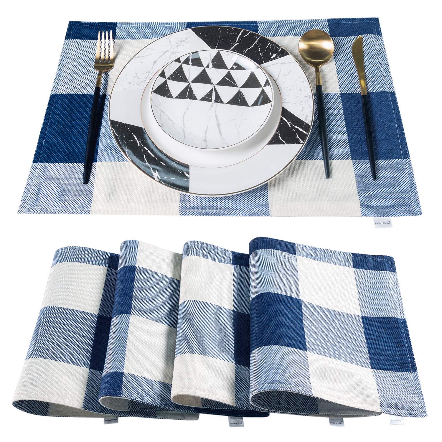 Smile Of Hope Navy Blue And White Buffalo Plaid Placemats 12 X 18 Inches Placemat Set Of 4,Linen Checkered Double Layer Check Ki