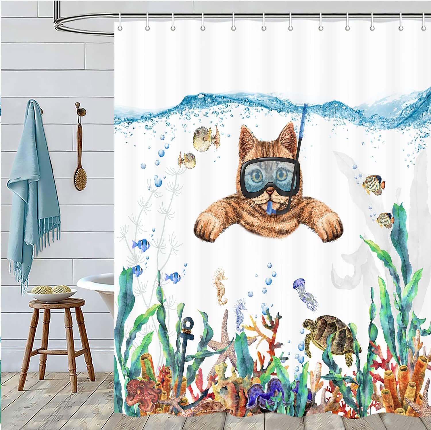 Uokiuki Funny Cat Fabric Shower Curtain, Cool Scuba Diving Cat Shower Curtain For Bathroom, Tropical Fish Coral Underwater Sea O