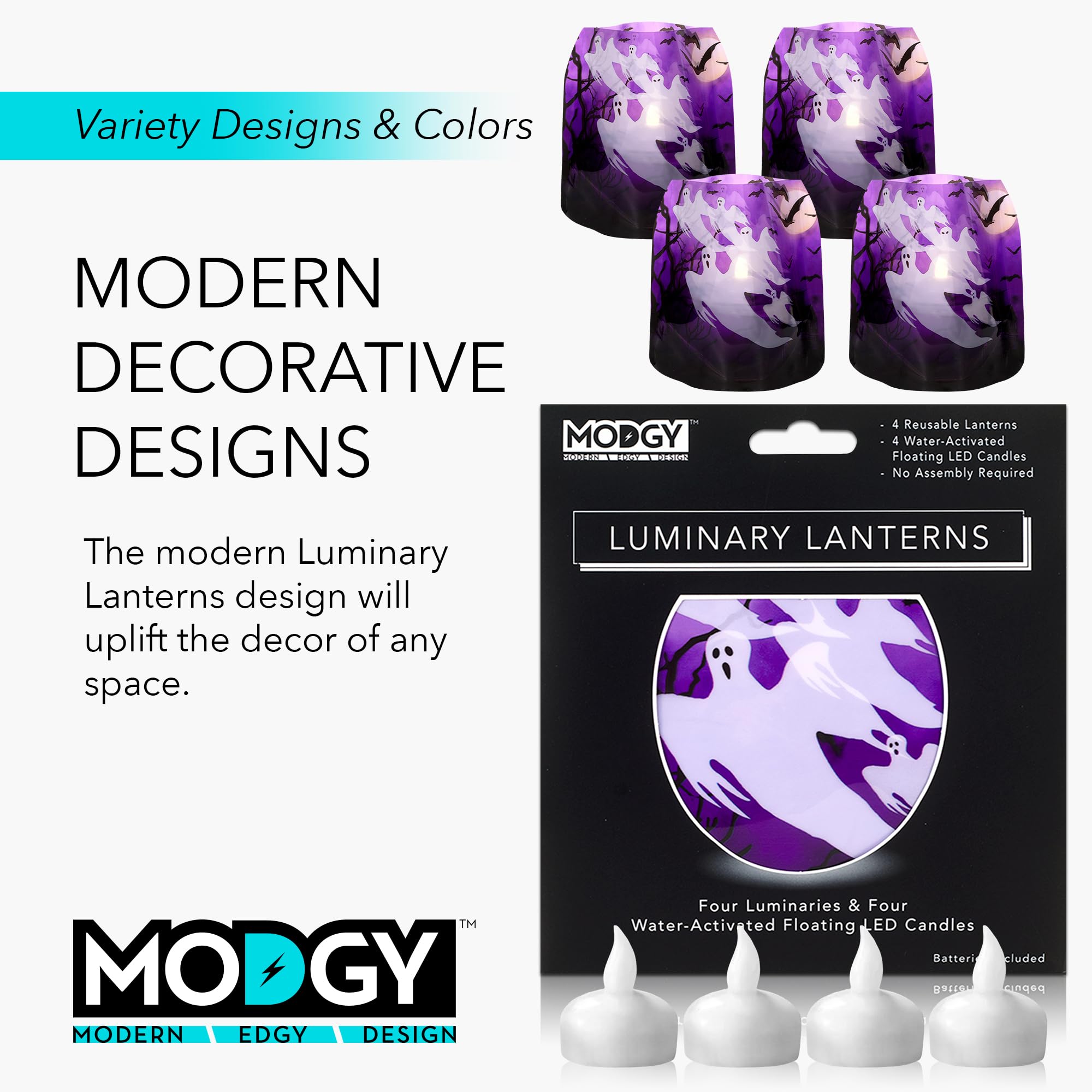 MODGY Luminary Lanterns, Halloween Candle Holders with Flameless Floating LED Candles, Indoor Outdoor Decor for Parties, Home, W