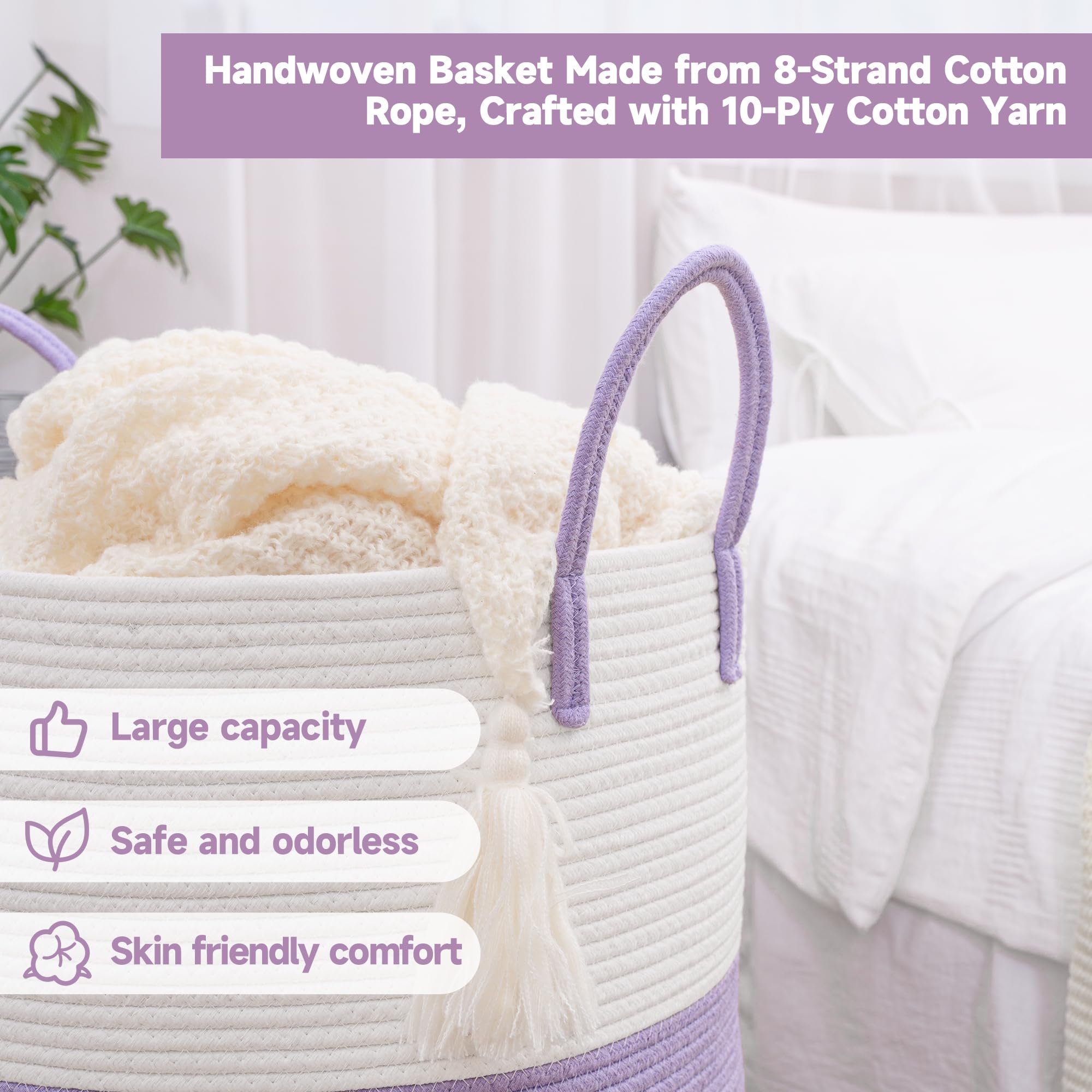 Clhmily&Z 40L Laundry Basket Round Storage Rope Basket - 13X18 Inches - Lavender Hamper In Bedreoom And Cute Storage Bin For Bla