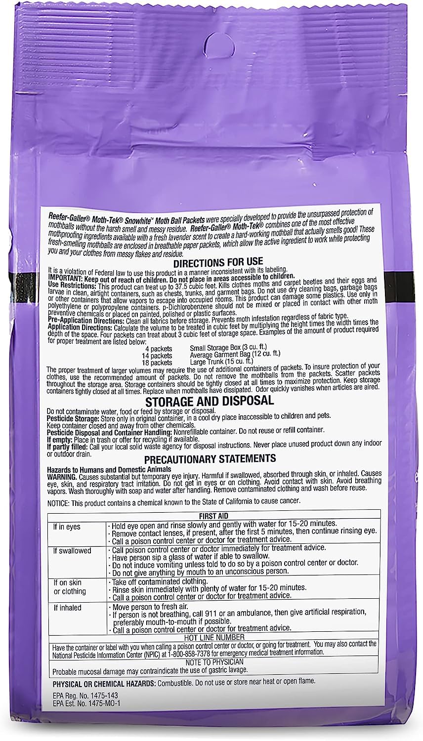 Reefer-Galler Moth-Tek Snowhite Lavender Scented Moth Ball Packets 12 Oz (6)