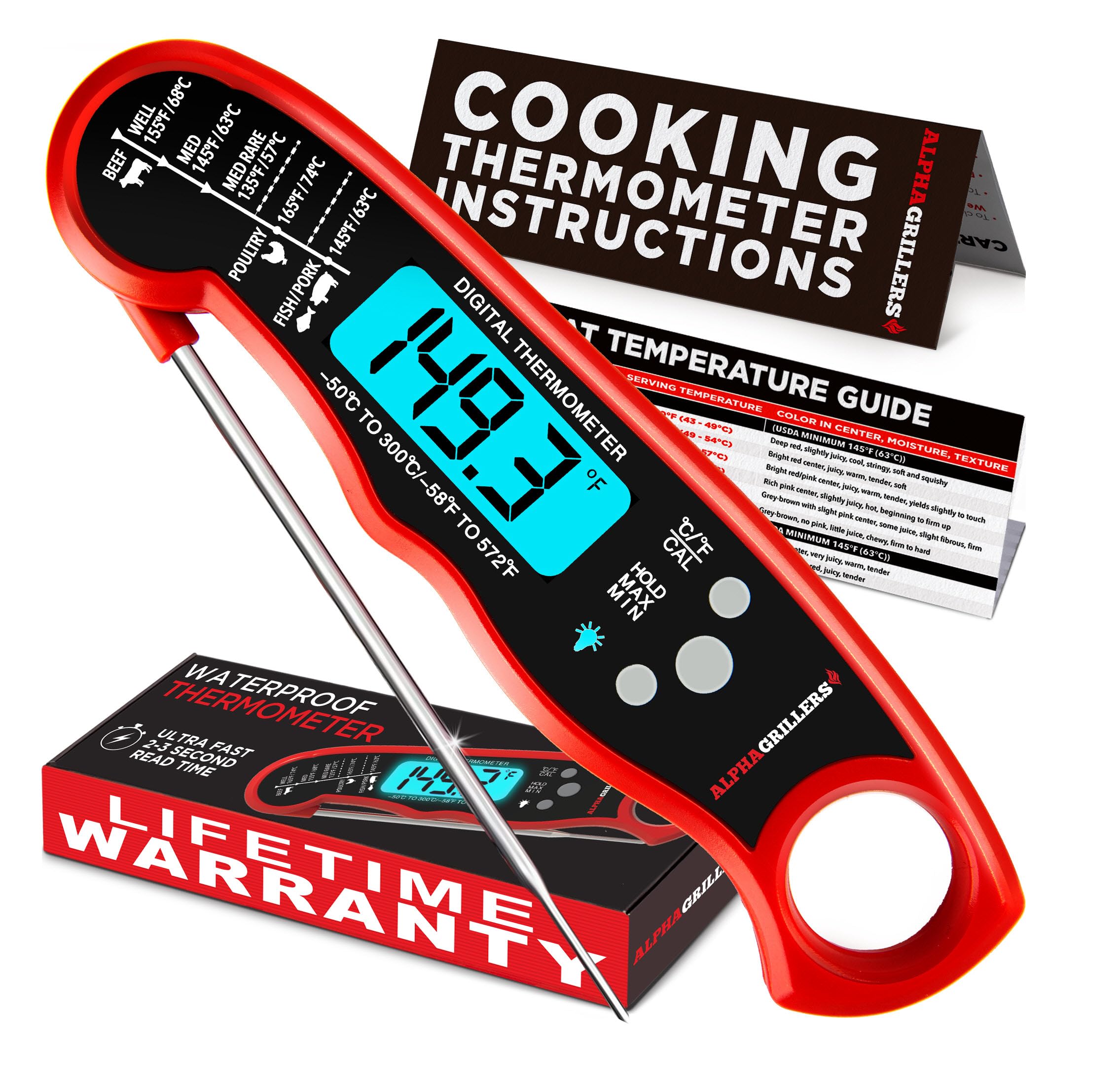 Alpha Grillers Instant Read Digital Meat Thermometer - Black/Red, BBQ Cooking Probe, Ideal for Grilling and Air Frying, Model 296249729076