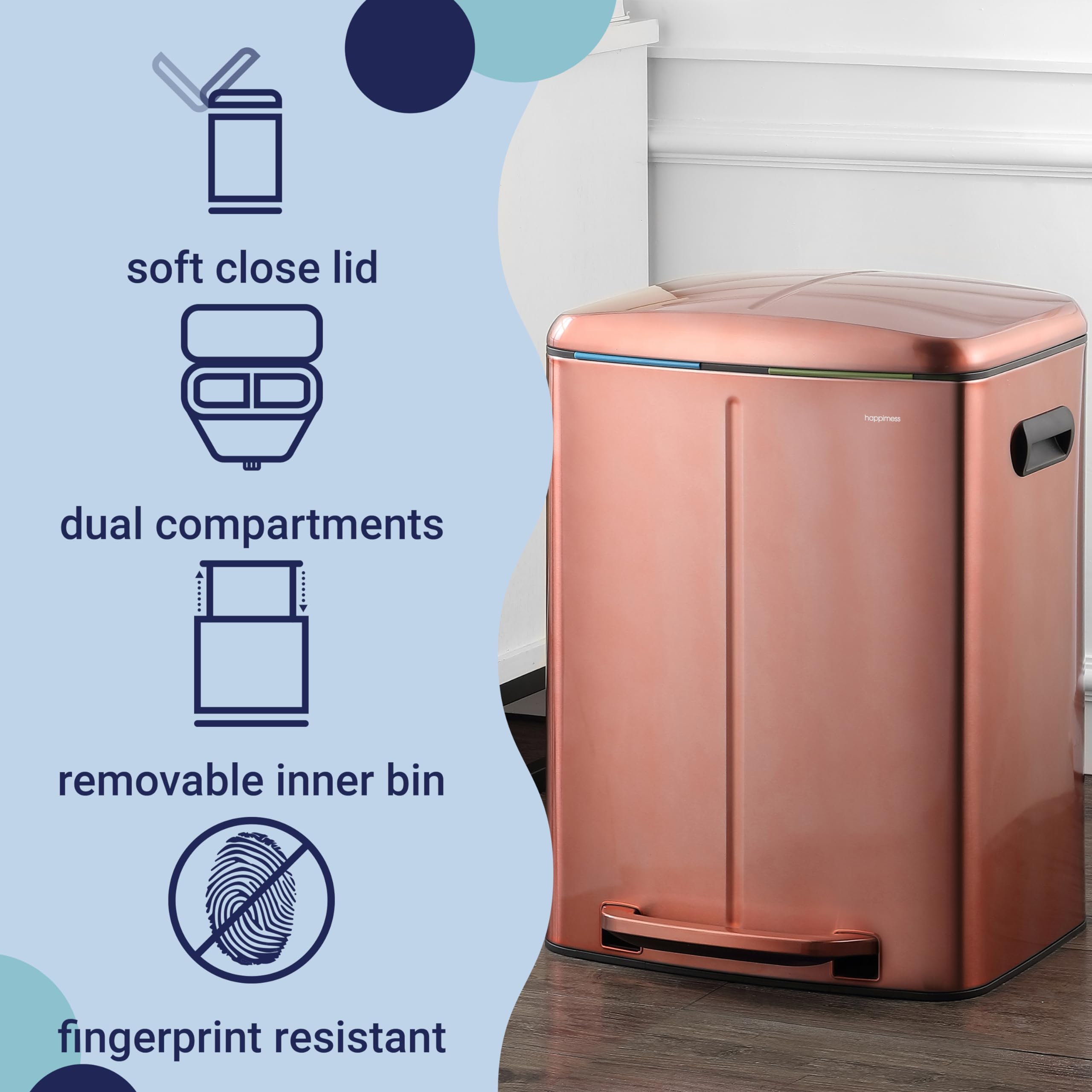 Happimess Hpm1005D Marco Rectangular 10.5-Gallon Double Bucket Trash Can With Soft-Close Lid, Modern, Minimalistic, Fingerprint