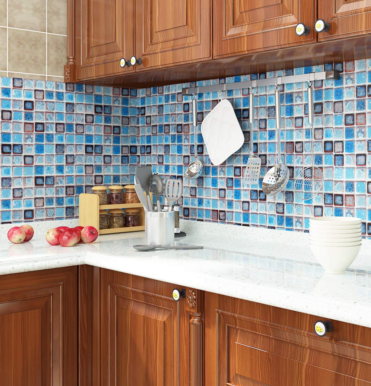 Livelynine 15.8 x 394 Inch Waterproof Vinyl Wallpaper for Bathroom Shower Wall Countertop Kitchen Backsplash Peel and Stick Wallpaper Blue Pattern Contact Paper Removable Decorative Tile Stickers