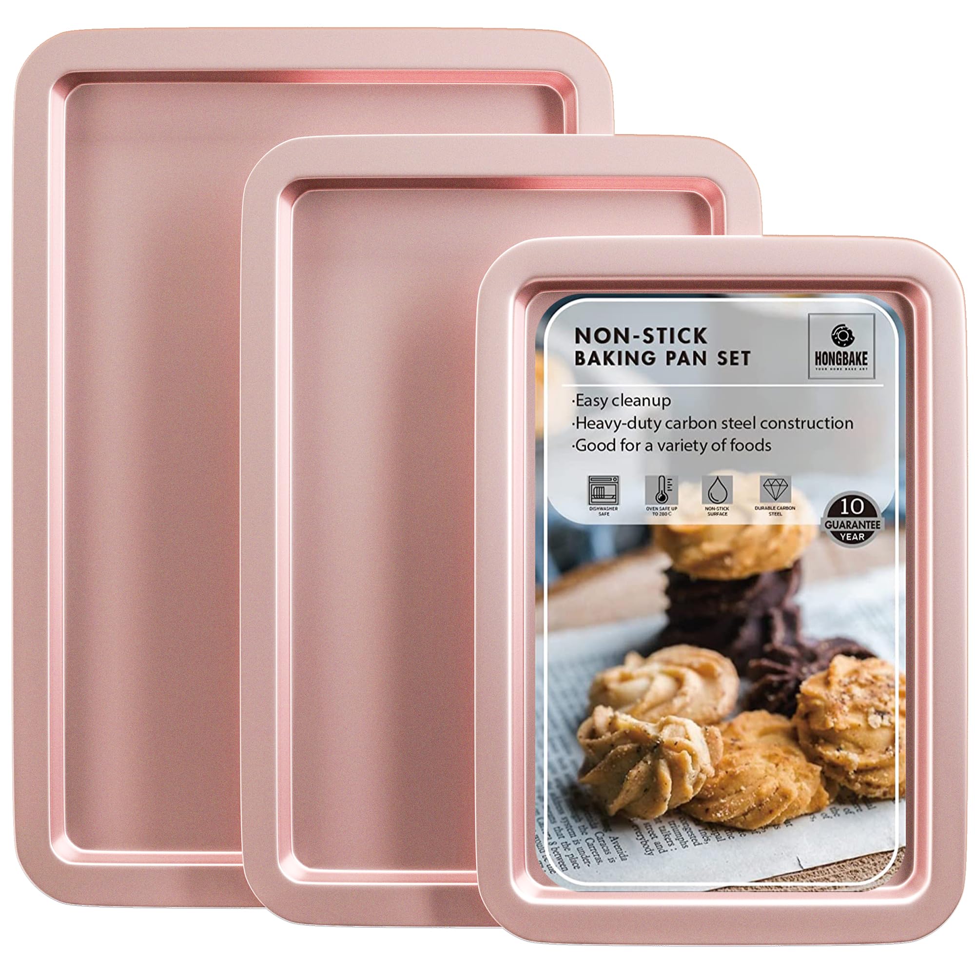 Hongbake Baking Sheet Pan Set, Cookie Sheet For Oven, Nonstick Bakeware Sets With Wider Grips, 3 Pack Half/Jelly Roll/Quarter Ba