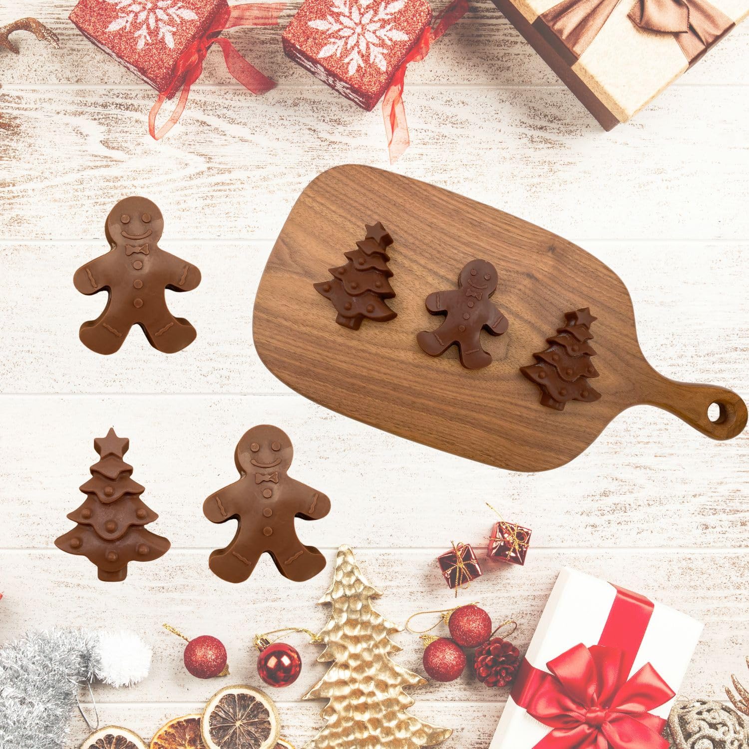 Orapink 1 Pieces Silicone Christmas Chocolate Molds Gingerbead Man,Christmas Tree Shape 3D Chocolate/Candy/Soap/Cheese Moulds fo