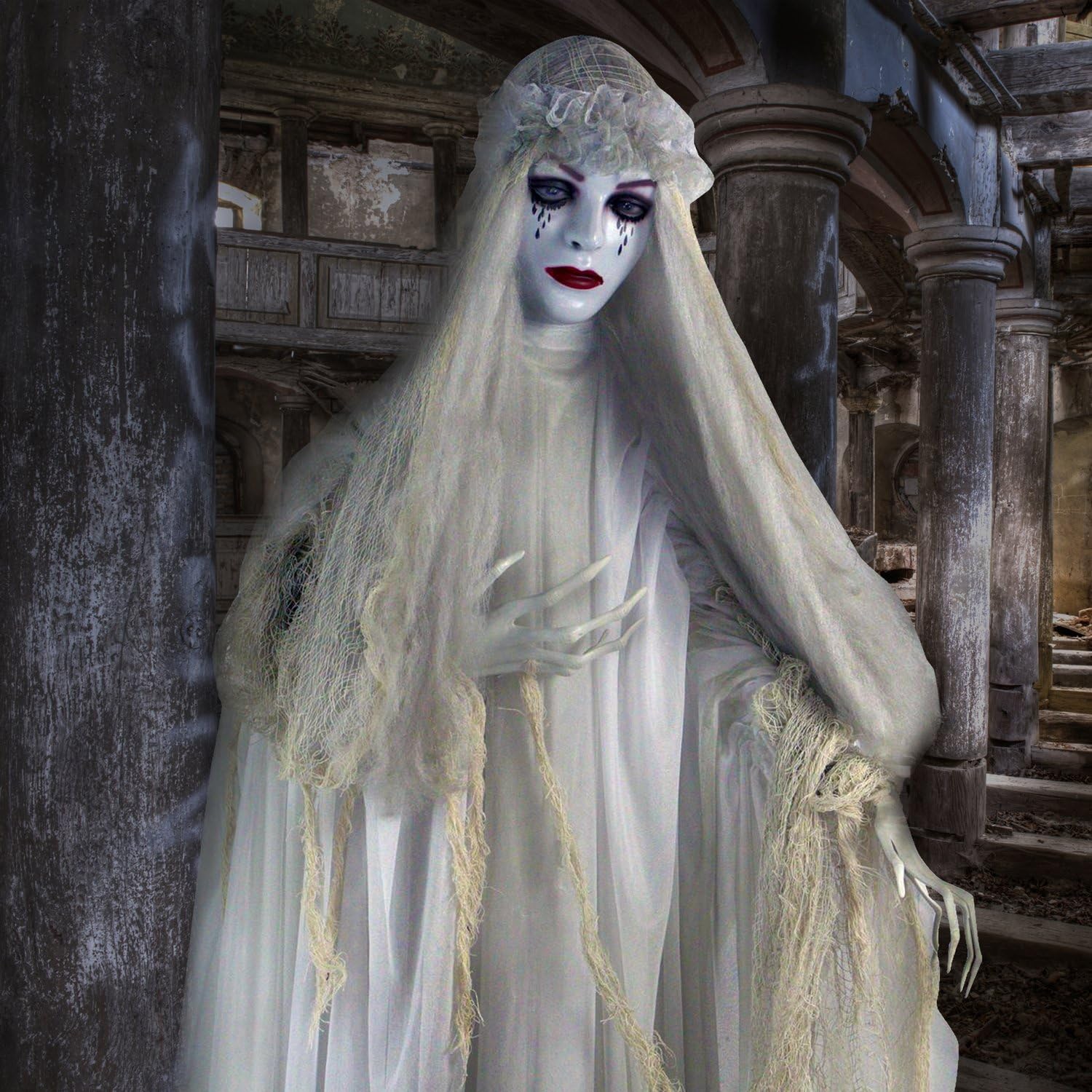 Haunted Hill Farm Life-Size 5.7-Ft Scary Ghost Bride, Halloween Animatronic with Touch Activated Lights and Sound, Battery Opera