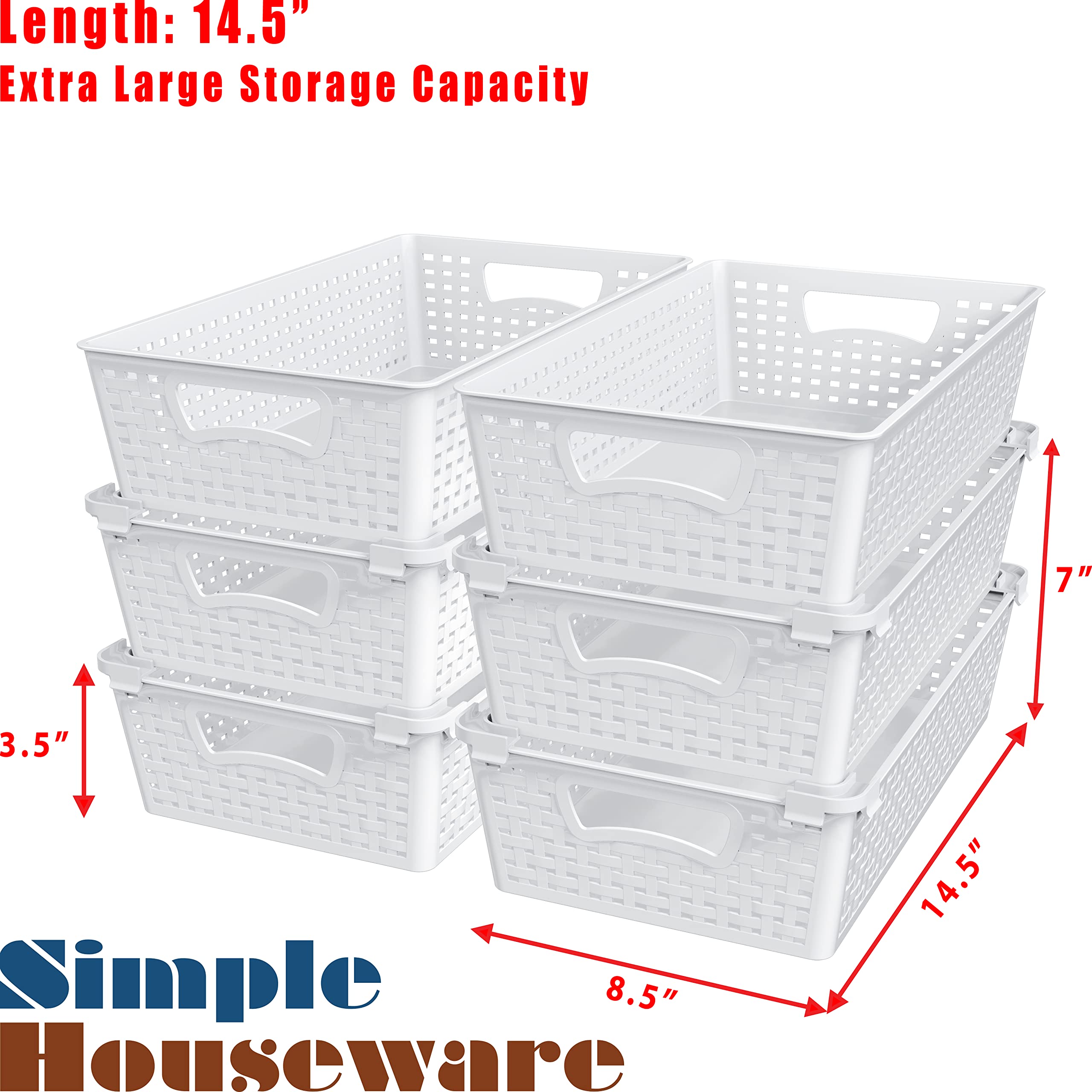 Simple Houseware Plastic Stackable Storage Basket Pantry Organizer, 6 Pack, 14.5'' X 8.5'' X 3.5'', White