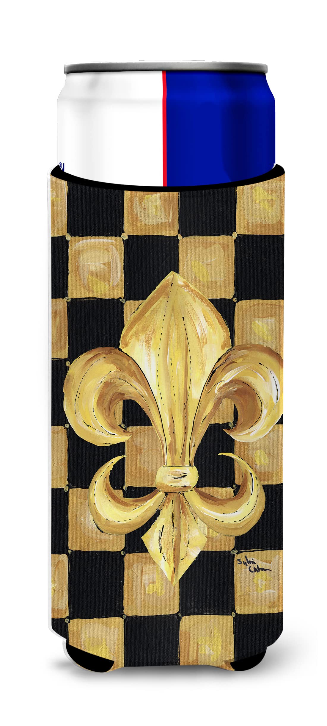 Black Gold Checkered Flag Fleur de lis Ultra Beverage Insulators for slim cans 8197MUK