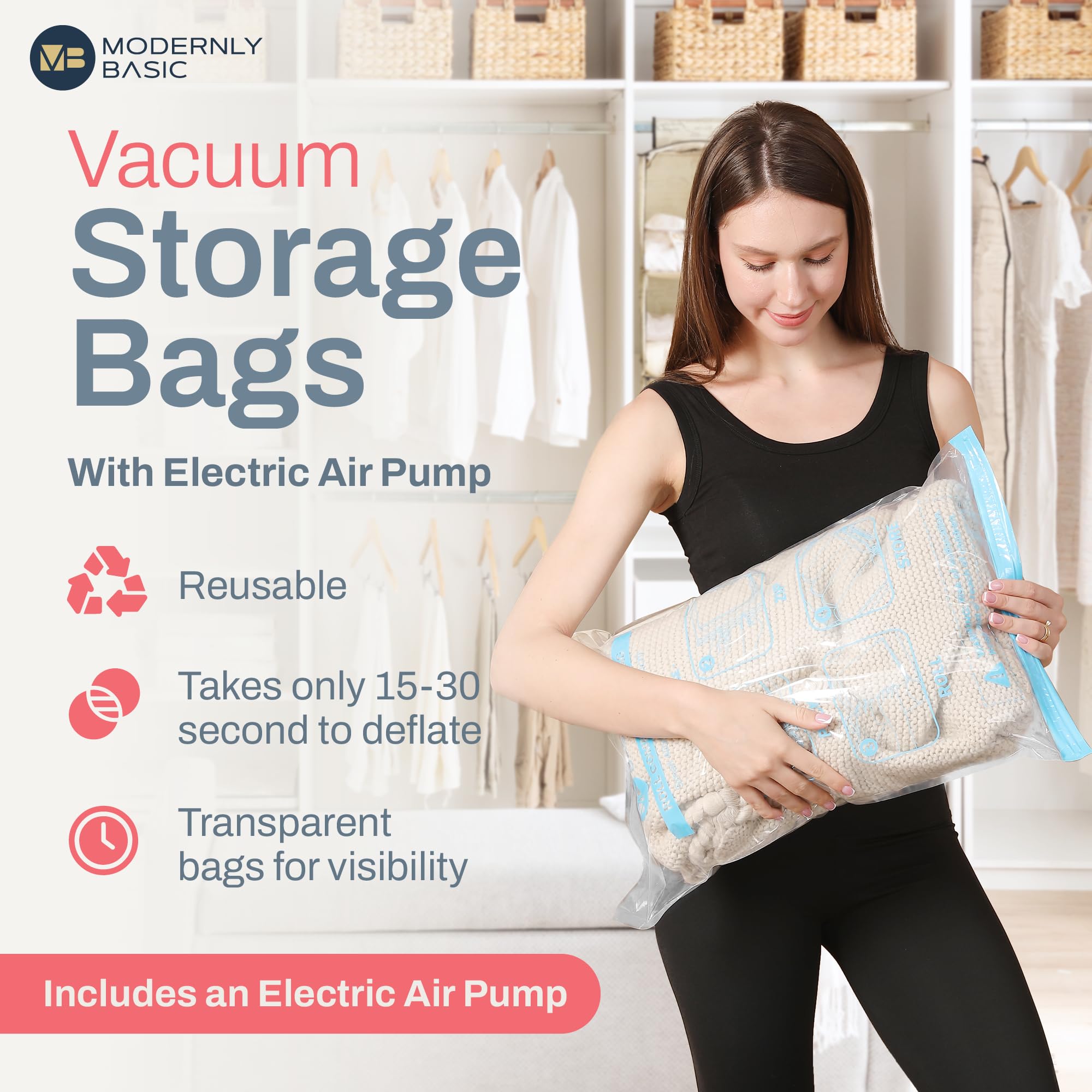 20 Pack Vacuum Storage Bags With Electric Pump, (4 Jumbo/4 Large/ 4 Medium/ 4 Small/ 4 Roll) Vacuum Sealed Bags For Clothing, Co