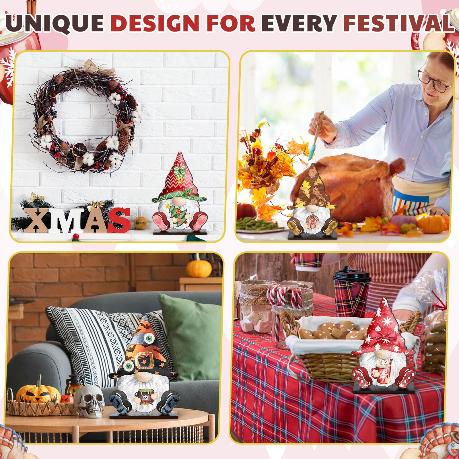 Blulu 34 Pcs Christmas Interchangeable Wooden Gnome Decor DIY Holiday Christmas Seasonal Tiered Tray Decoration Gnomes with Magn