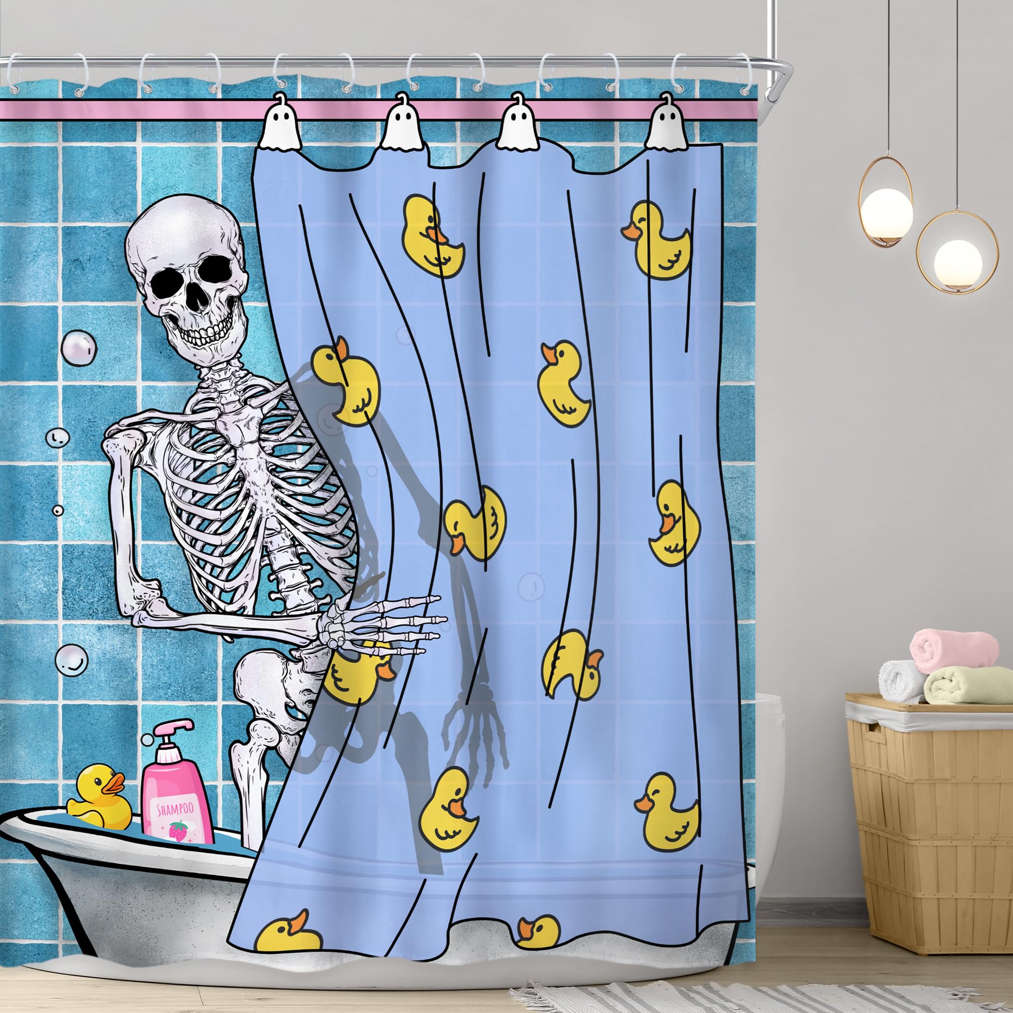 Riyidecor Funny Shower Curtain 60Wx72H Inch Kids Gothic Skull Skeleton In Bathtub Bathing Spooky Yellow Rubber Duck Cool Hilario