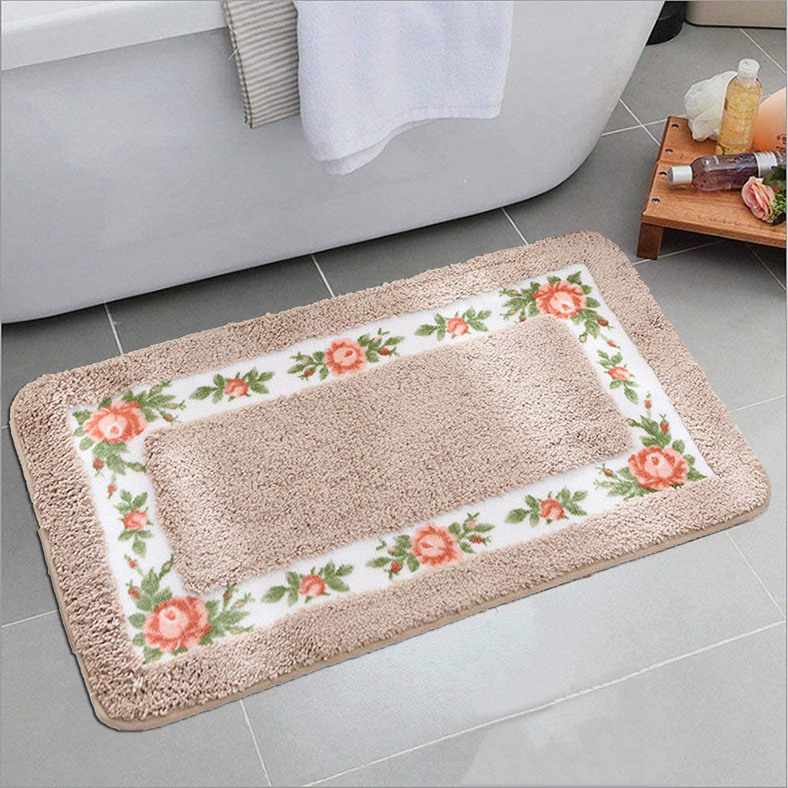 UKELER Bathroom Rugs Floral Rose Bath Mat Set of 2 Non Slip Bath Rugs Soft Shaggy U-Shaped Contour Toilet Rug for Bathroom  Mocha
