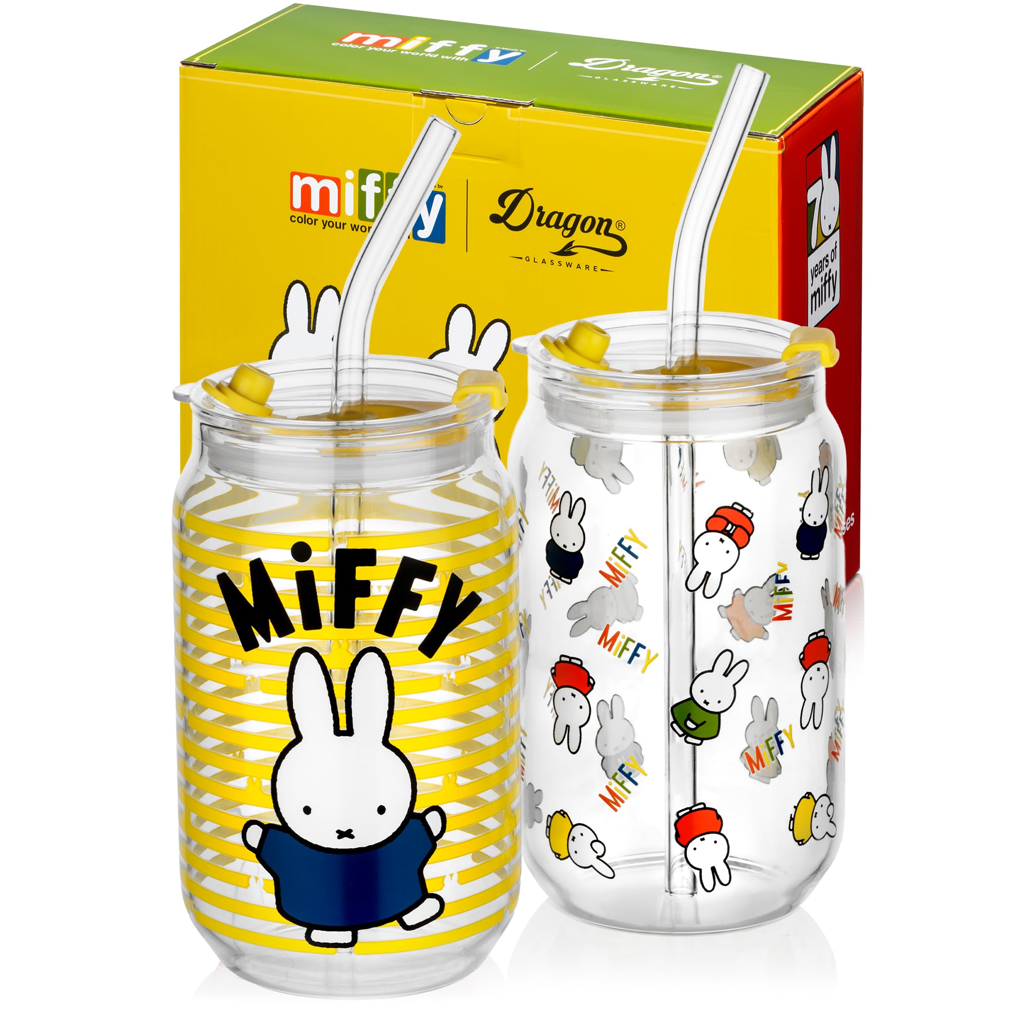 Dragon Glassware | Miffy 16 oz Drinking Glasses Set of 2 - Glass Cups with Lids and Straws - Iced Coffee Cups with Lids - Reusab